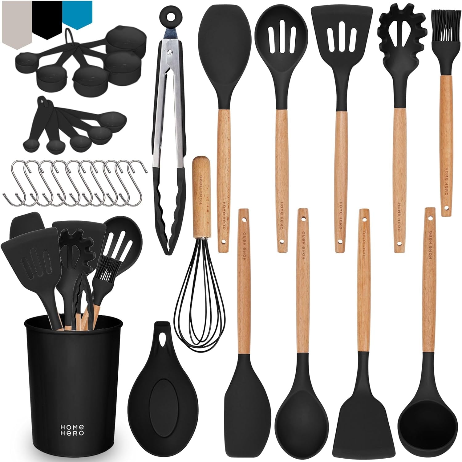 33 Pcs Kitchen Cooking Utensils Set, Non-Stick Silicone Cooking Kitchen Utensils Spatula Set with Holder, Wooden Handle Silicone Kitchen Gadgets Utensil Set (33 Pcs - Black)