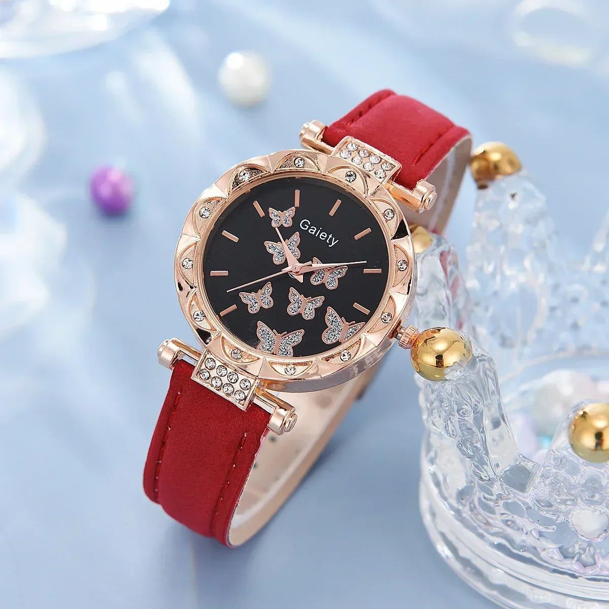 6/1Pcs Set Women Watch Ring Necklace Earrings Bracelet Set Watches Butterfly Leather Strap Ladies Quartz Wristwatch (No Box)