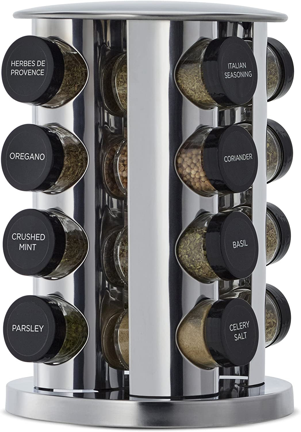 20 Jar Revolving Countertop Spice Rack with Spices Included, FREE Spice Refills for 5 Years, Polished Stainless Steel with Black Caps, 30020