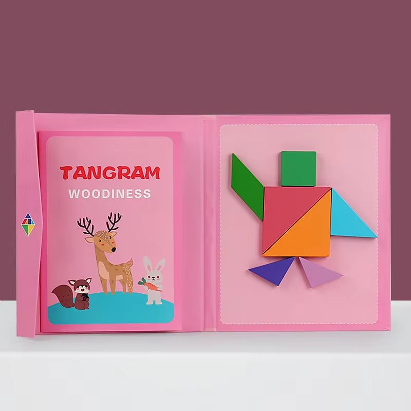 Hot Magnetic Jigsaw Puzzle 3D Geometric Shapes Tangram Board Kids Montessori Games for Children Educational Wooden Toys