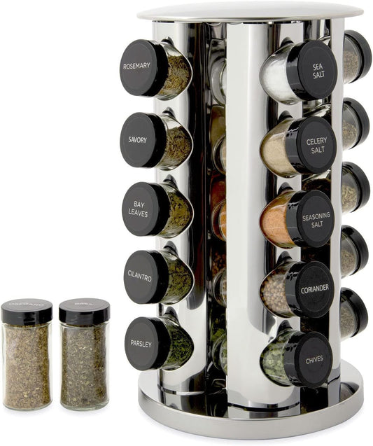 20 Jar Revolving Countertop Spice Rack with Spices Included, FREE Spice Refills for 5 Years, Polished Stainless Steel with Black Caps, 30020