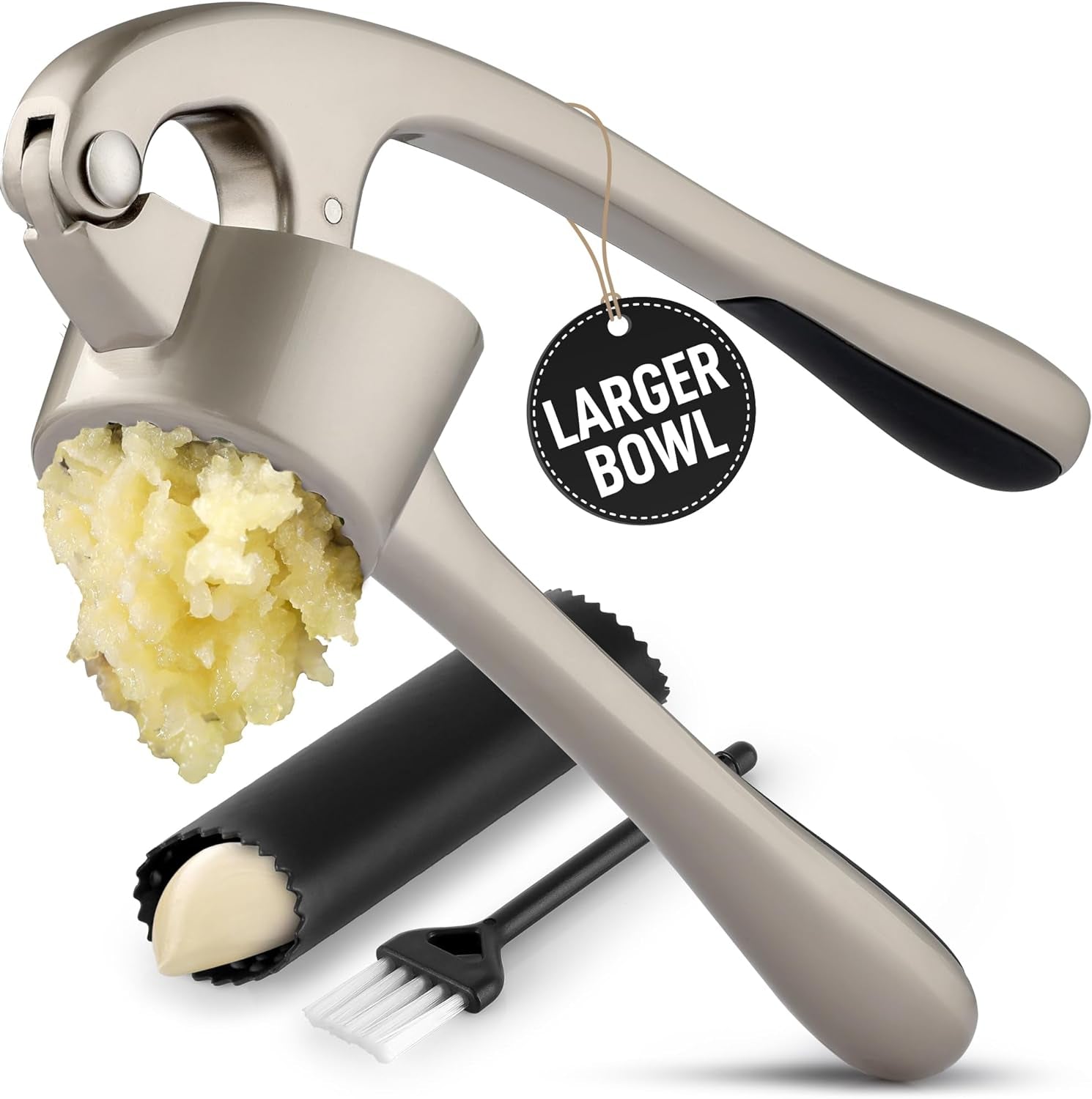 Premium Garlic Press Set - Rust Proof & Dishwasher Safe Professional Garlic Mincer Tool - Easy-Squeeze, Easy-Clean with Soft, Ergonomic Handle - Silicone Garlic Peeler & Brush (Silver)