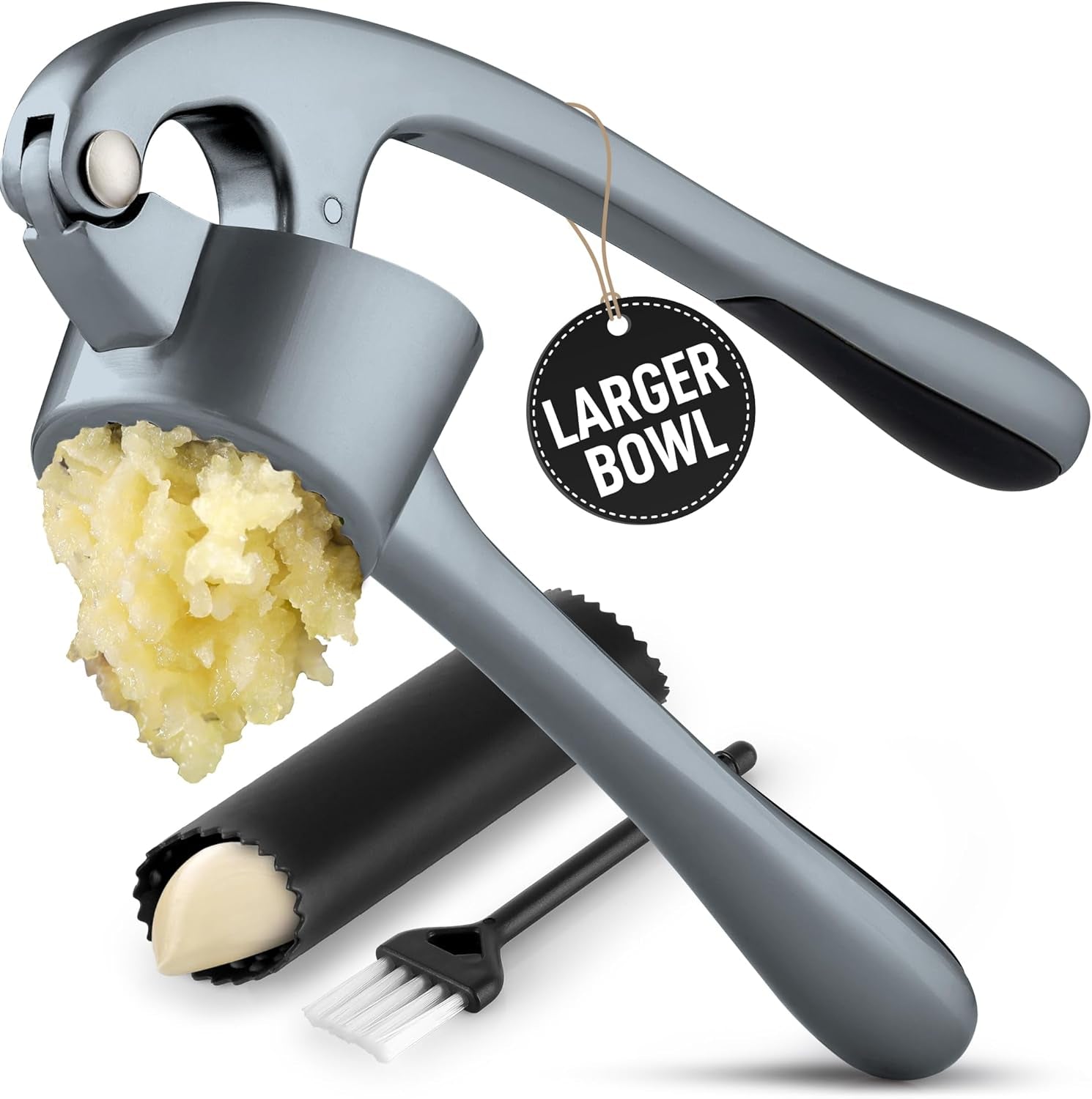 Premium Garlic Press Set - Rust Proof & Dishwasher Safe Professional Garlic Mincer Tool - Easy-Squeeze, Easy-Clean with Soft, Ergonomic Handle - Silicone Garlic Peeler & Brush (Silver)