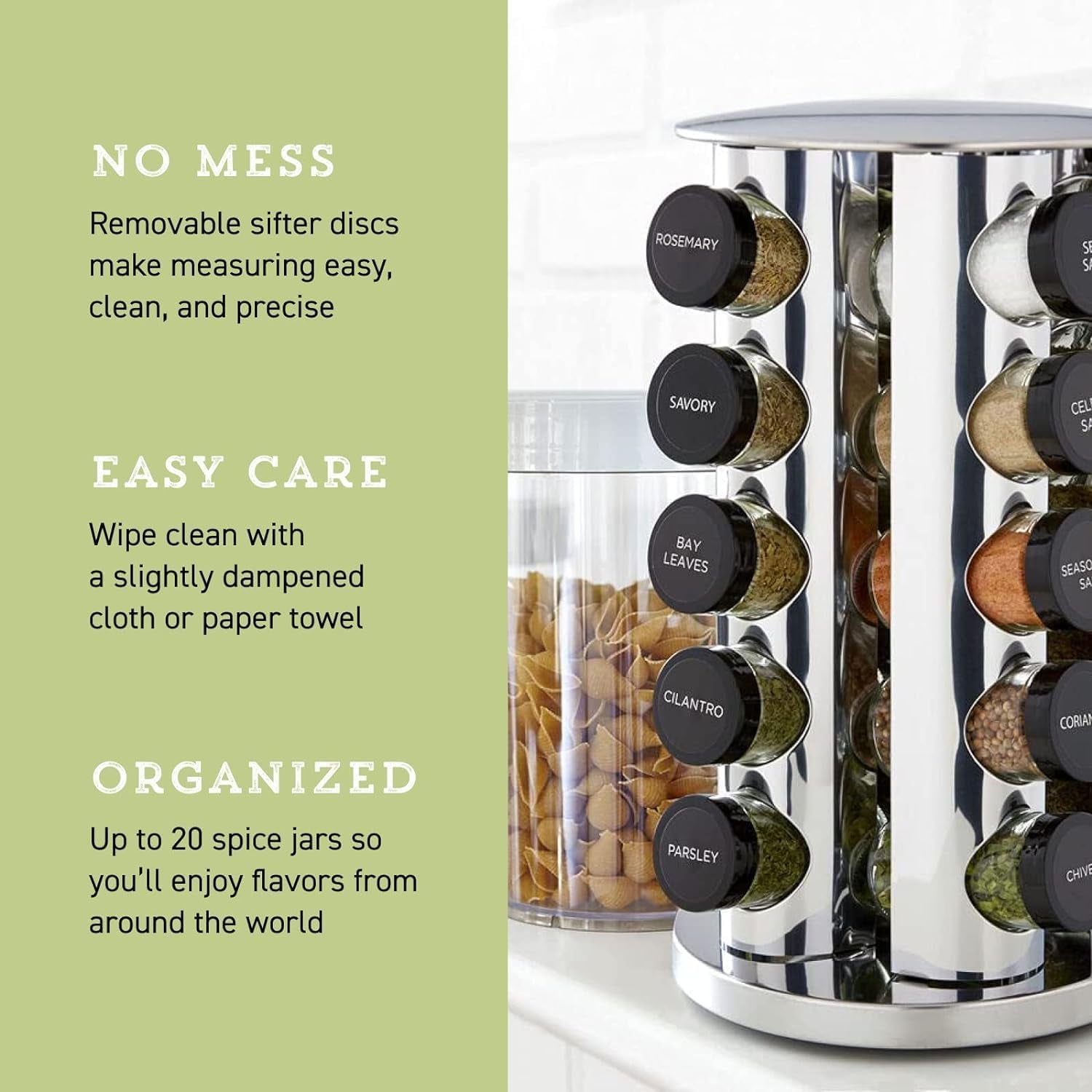 20 Jar Revolving Countertop Spice Rack with Spices Included, FREE Spice Refills for 5 Years, Polished Stainless Steel with Black Caps, 30020