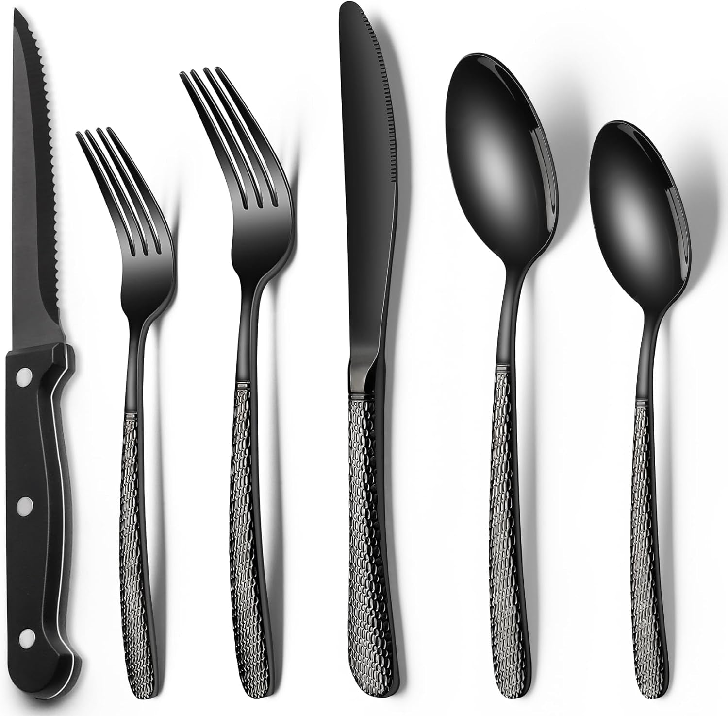 24-Piece Black Silverware Set with Steak Knives, Black Flatware Set for 4, Food-Grade Stainless Steel Tableware Cutlery Set, Mirror Finished Utensil Sets for Home Restaurant