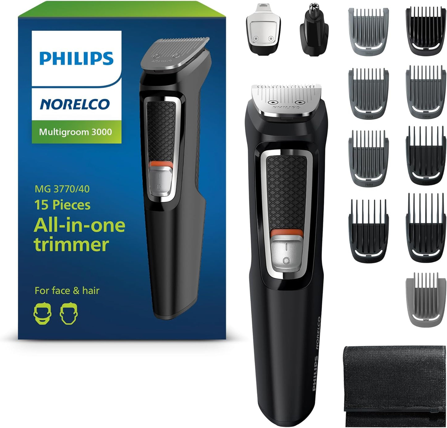 Philips Multi Groomer All-In-One Trimmer Series 3000-13 Piece Mens Grooming Kit for Beard, Face, Nose, Ear Hair Trimmer and Hair Clipper - NO Blade Oil Needed, MG3740/40