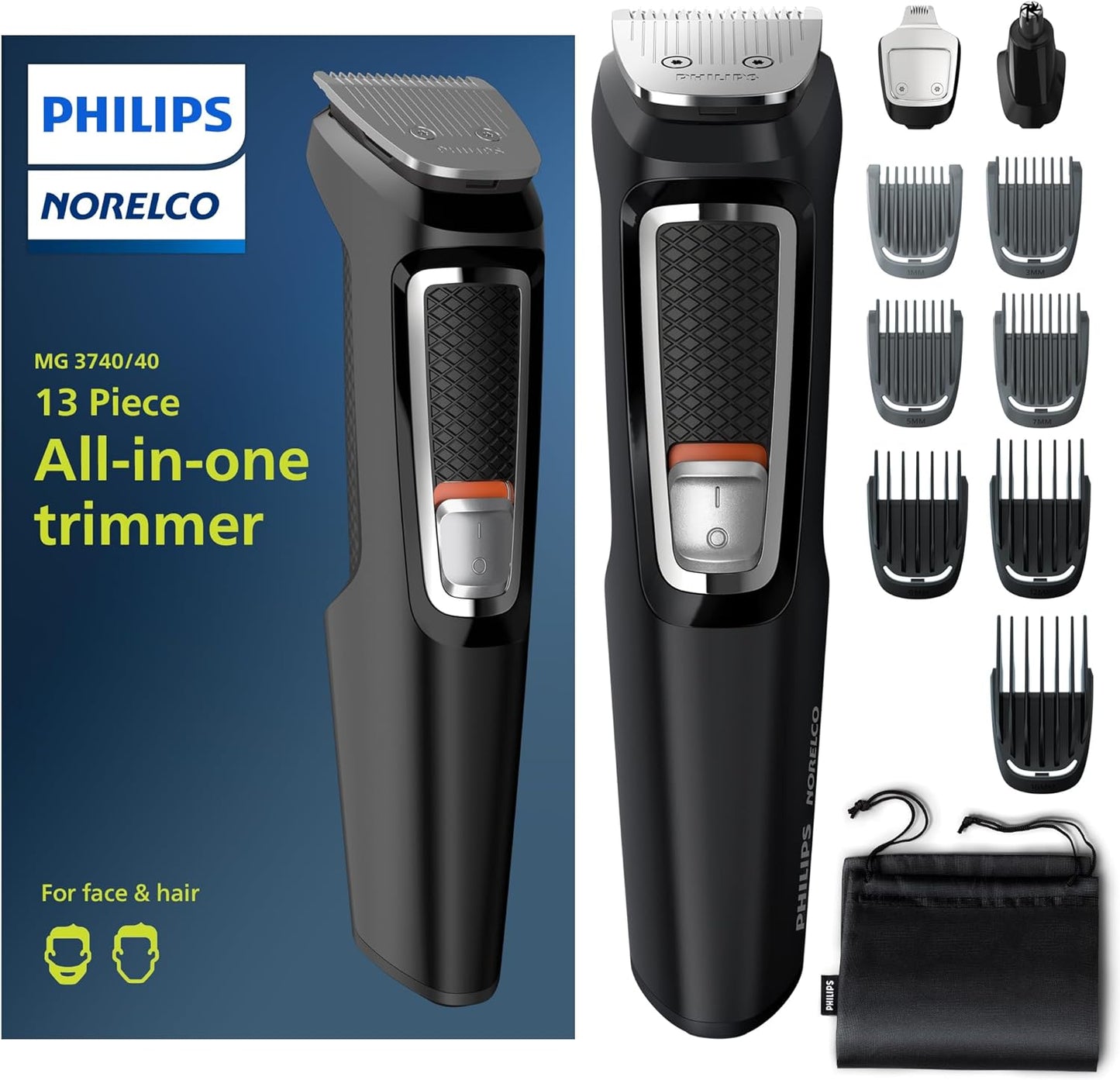 Philips Multi Groomer All-In-One Trimmer Series 3000-13 Piece Mens Grooming Kit for Beard, Face, Nose, Ear Hair Trimmer and Hair Clipper - NO Blade Oil Needed, MG3740/40