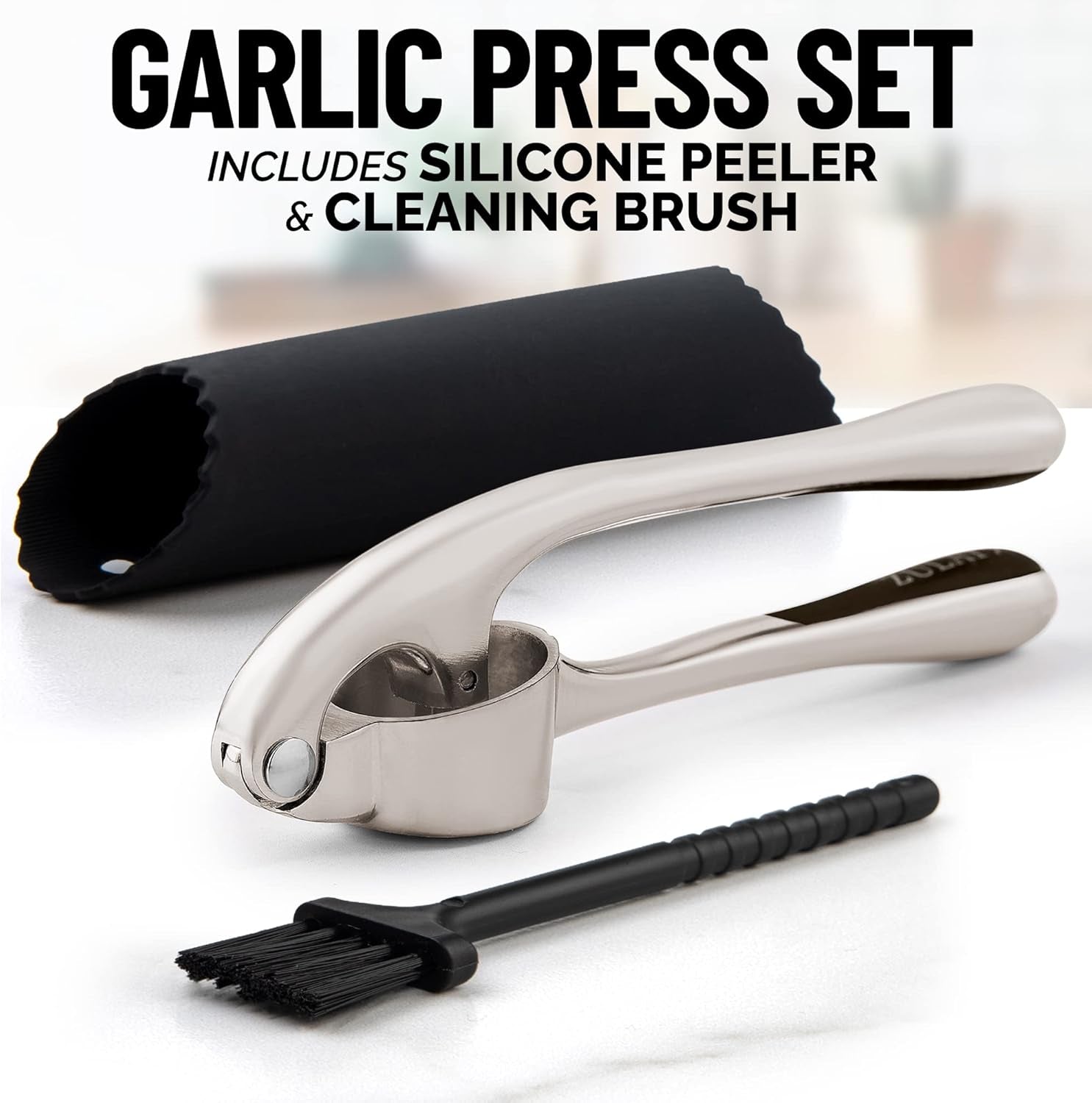 Premium Garlic Press Set - Rust Proof & Dishwasher Safe Professional Garlic Mincer Tool - Easy-Squeeze, Easy-Clean with Soft, Ergonomic Handle - Silicone Garlic Peeler & Brush (Silver)