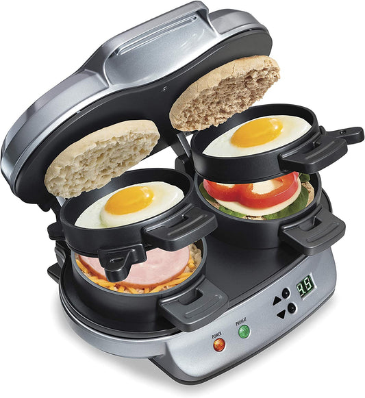 Dual Breakfast Sandwich Maker with Timer, Silver (25490A)