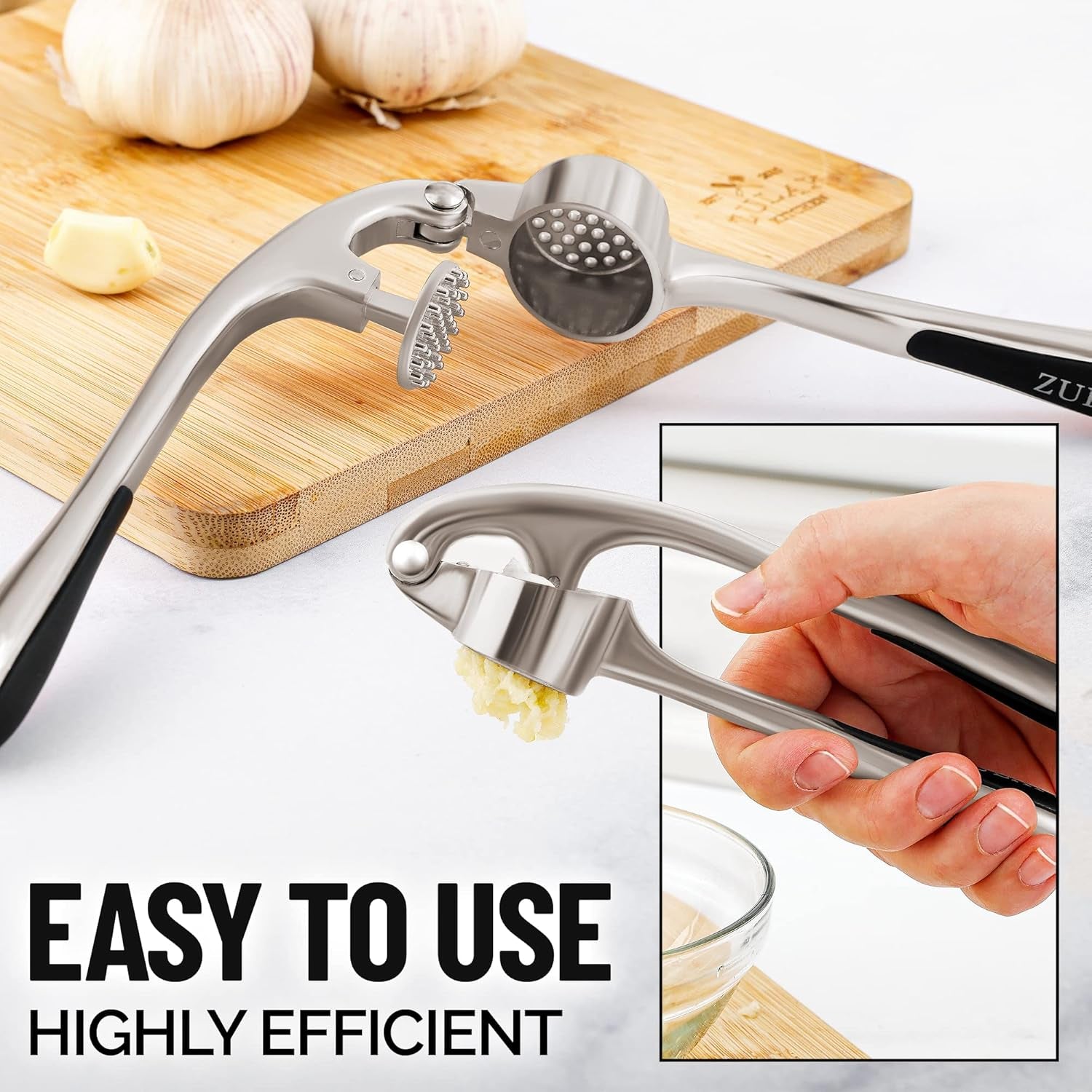 Premium Garlic Press Set - Rust Proof & Dishwasher Safe Professional Garlic Mincer Tool - Easy-Squeeze, Easy-Clean with Soft, Ergonomic Handle - Silicone Garlic Peeler & Brush (Silver)