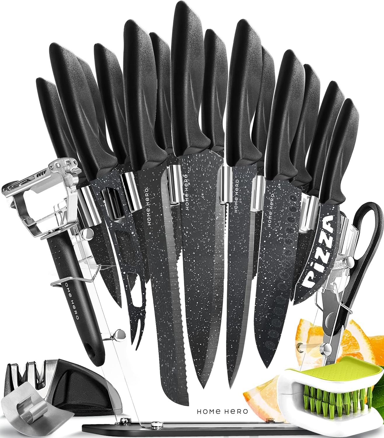 Kitchen Knife Set with Sharpener - High Carbon Stainless Steel Knife Block Set with Ergonomic Handles (20 Pcs - Black)