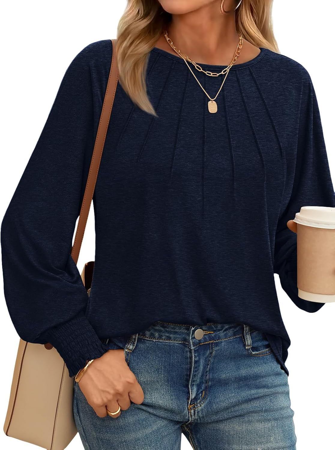 Womens Fall Fashion Long Sleeve Shirts Fall Tops Pleated Shirts Casual Loose Dressy Basic Trendy Clothes 2024