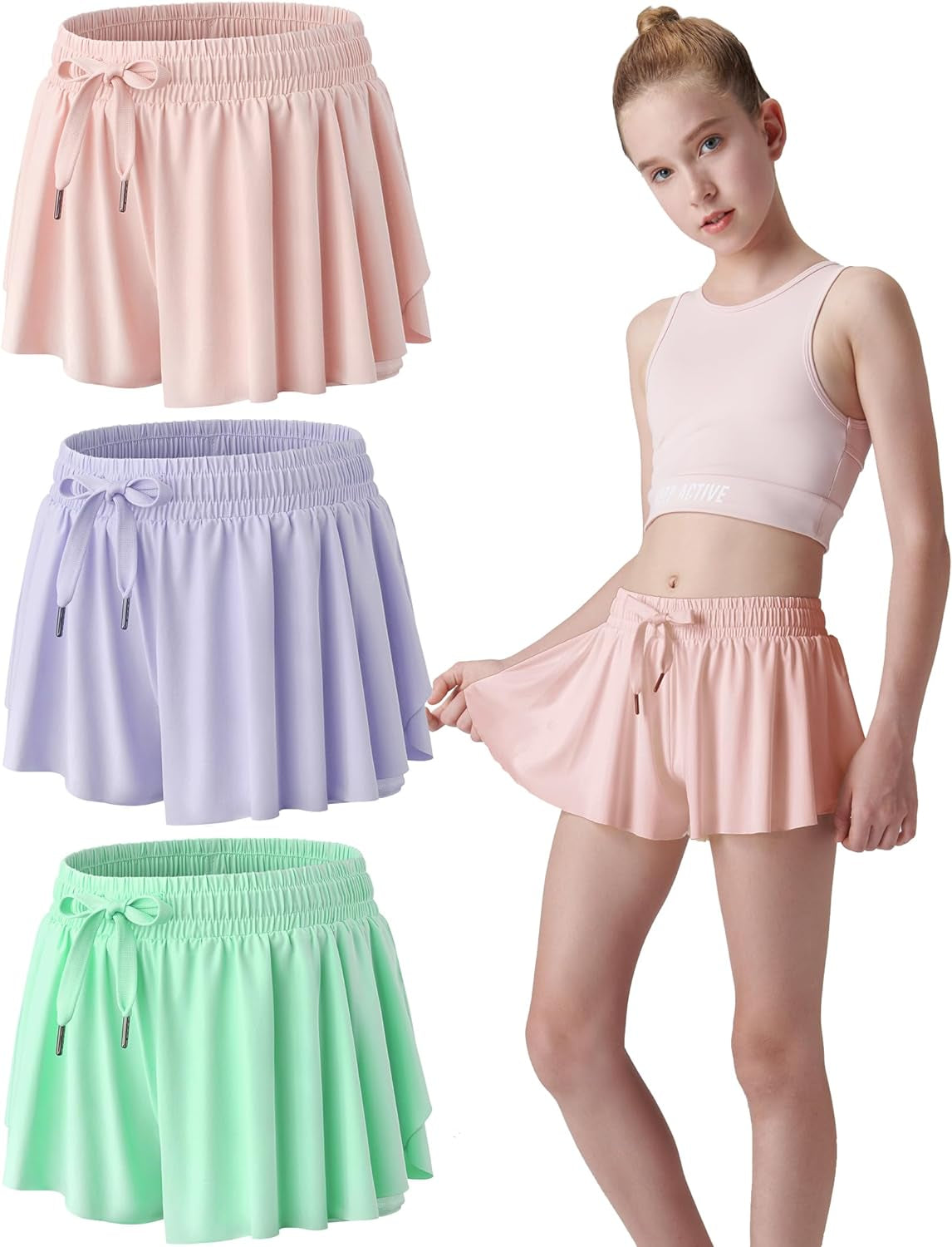 3 Pack Girls Flowy Shorts with Spandex Liner 2-In-1 Youth Butterfly Skirts for Fitness, Running, Sports