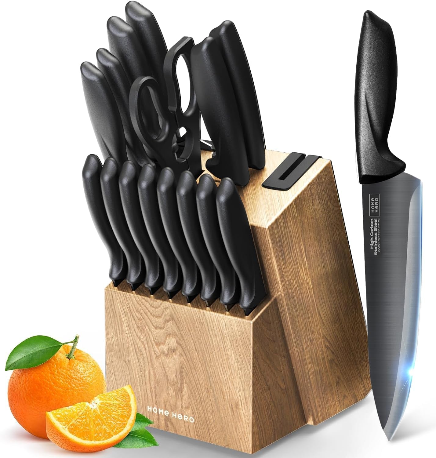 Kitchen Knife Set with Sharpener - High Carbon Stainless Steel Knife Block Set with Ergonomic Handles (20 Pcs - Black)