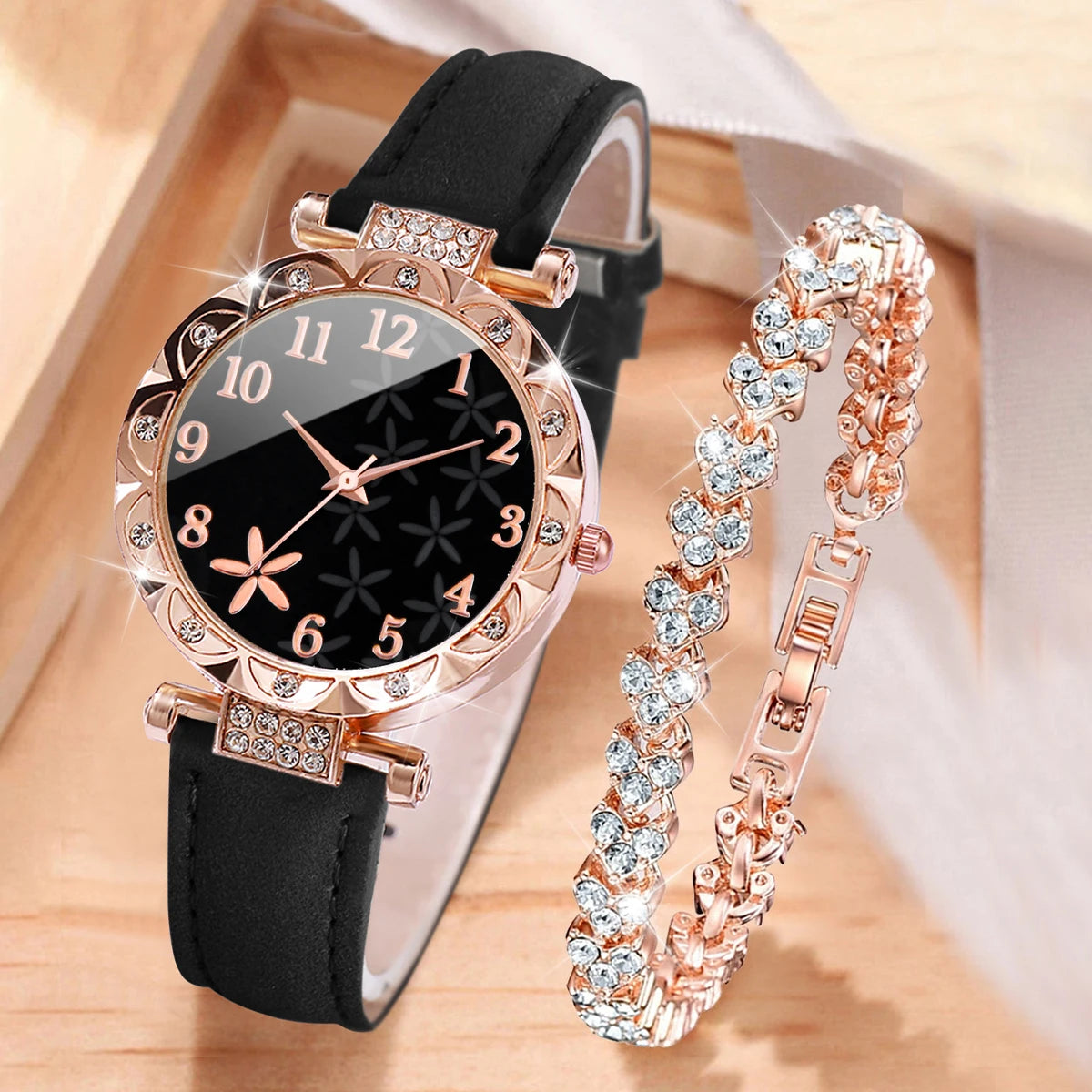 2Pcs/Set Women Watches Rhinestone Heart Bracelet Set Fashion Flower Dial Female Leather Band Quartz Wristwatch