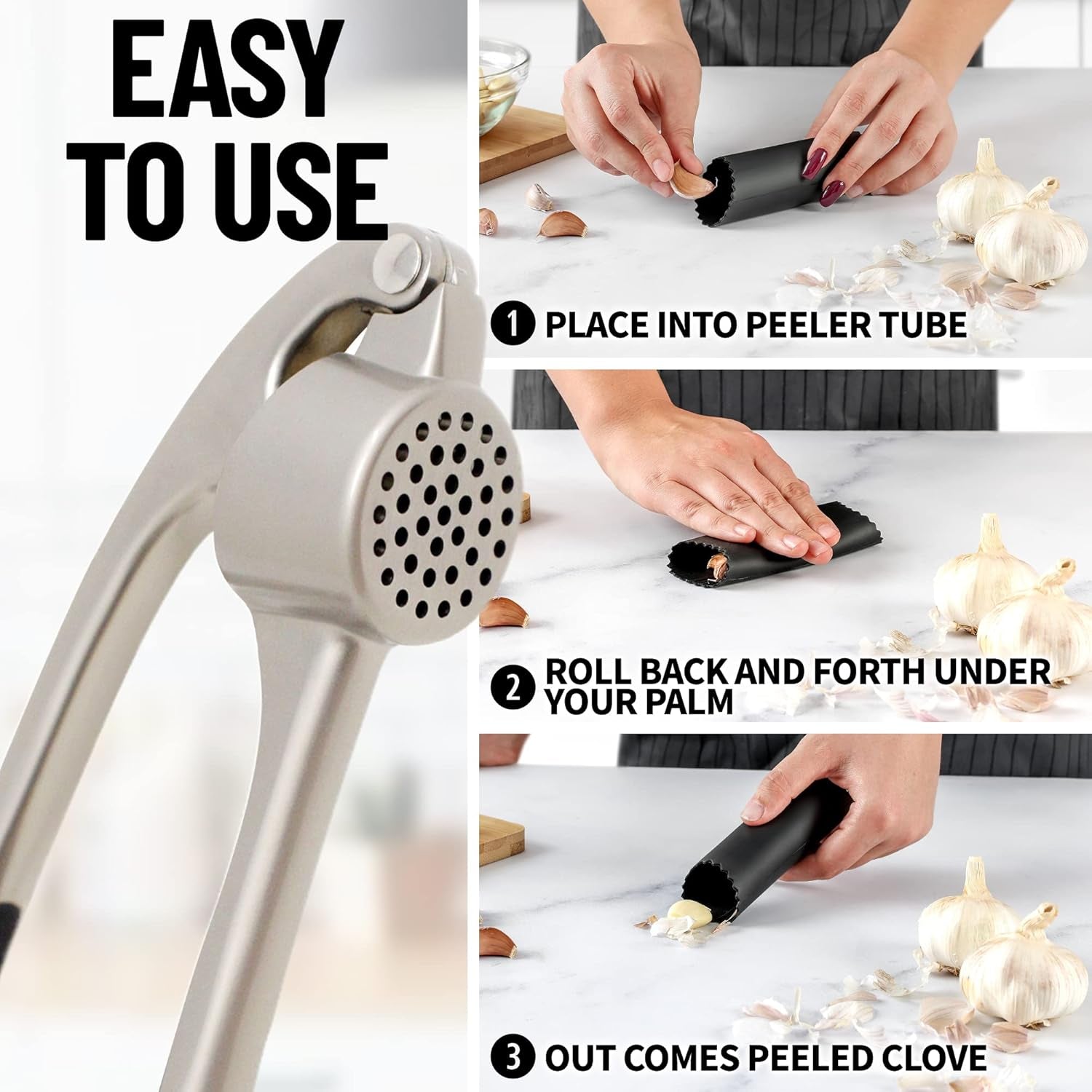 Premium Garlic Press Set - Rust Proof & Dishwasher Safe Professional Garlic Mincer Tool - Easy-Squeeze, Easy-Clean with Soft, Ergonomic Handle - Silicone Garlic Peeler & Brush (Silver)