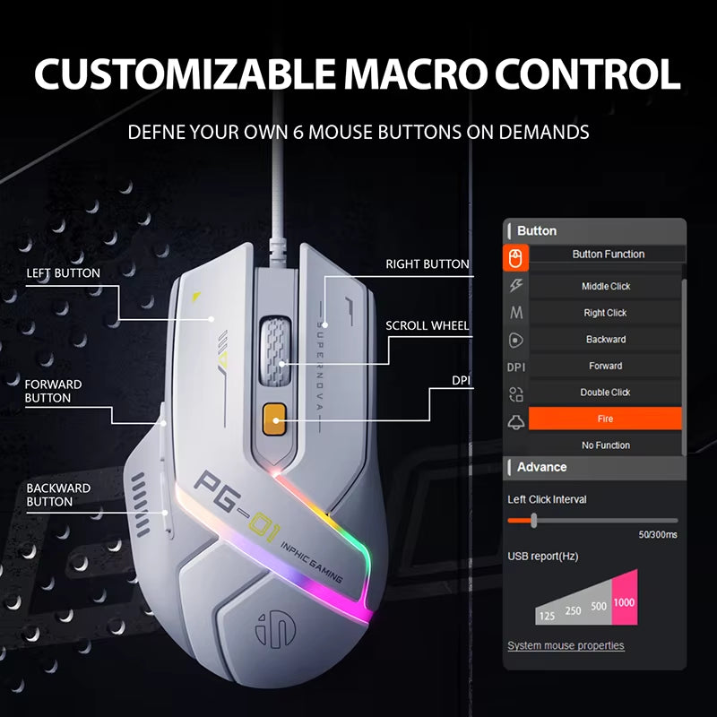 PG1 Wired Gaming Mouse Ergonomic E-Sports Macro Programming RGB Competitive Peripheral [Hardware Macro +1000 Return Rate]