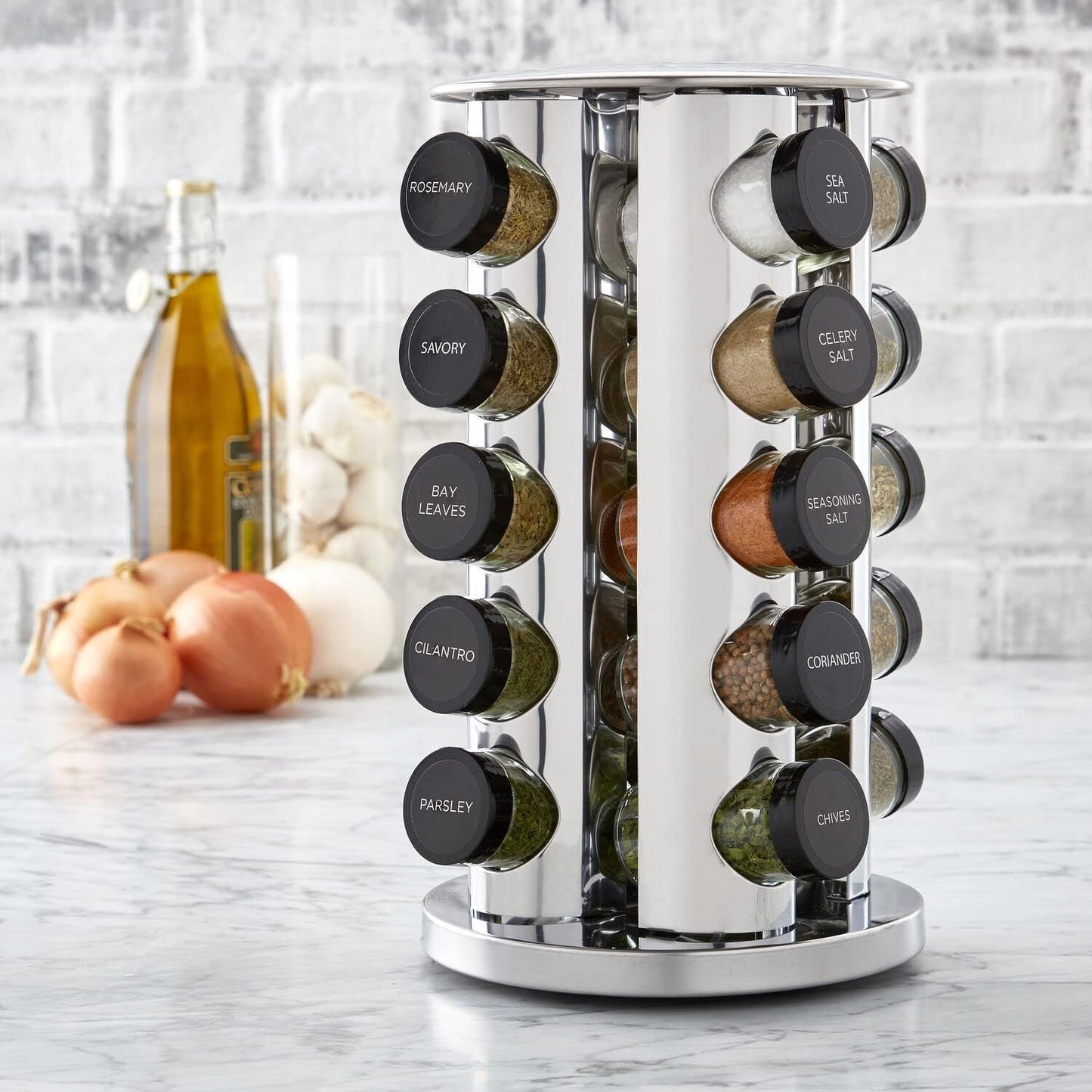 20 Jar Revolving Countertop Spice Rack with Spices Included, FREE Spice Refills for 5 Years, Polished Stainless Steel with Black Caps, 30020