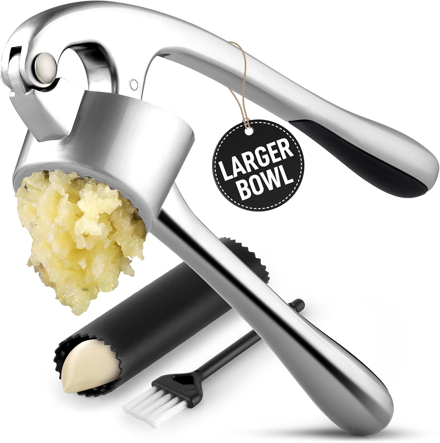 Premium Garlic Press Set - Rust Proof & Dishwasher Safe Professional Garlic Mincer Tool - Easy-Squeeze, Easy-Clean with Soft, Ergonomic Handle - Silicone Garlic Peeler & Brush (Silver)