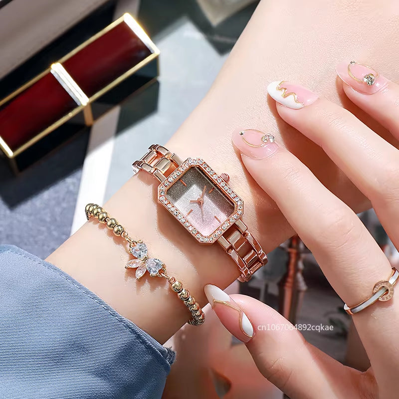 Luxury Ladies Brand Watches Fashion Dresses Square Crystal Minimalist Design Women Quartz Watch Stainless Steel Skeleton Clock