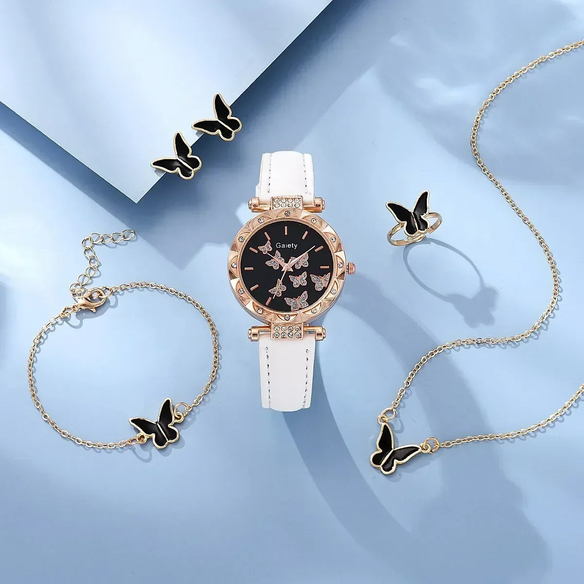 6/1Pcs Set Women Watch Ring Necklace Earrings Bracelet Set Watches Butterfly Leather Strap Ladies Quartz Wristwatch (No Box)