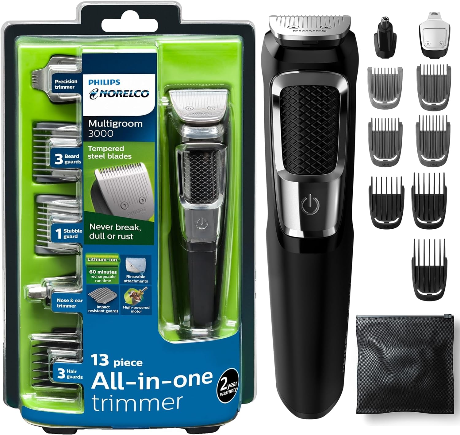 Philips Multi Groomer All-In-One Trimmer Series 3000-13 Piece Mens Grooming Kit for Beard, Face, Nose, Ear Hair Trimmer and Hair Clipper - NO Blade Oil Needed, MG3740/40