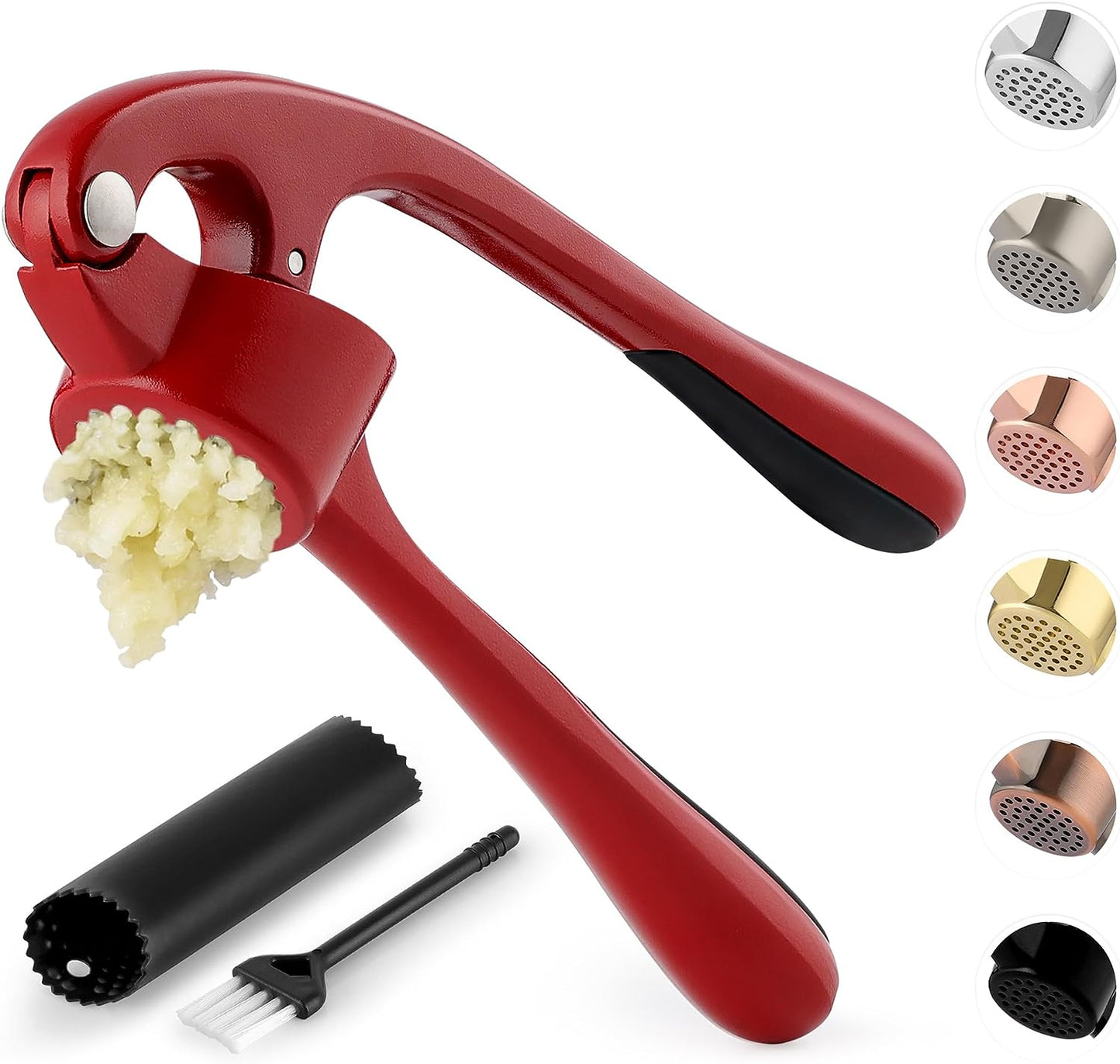 Premium Garlic Press Set - Rust Proof & Dishwasher Safe Professional Garlic Mincer Tool - Easy-Squeeze, Easy-Clean with Soft, Ergonomic Handle - Silicone Garlic Peeler & Brush (Silver)