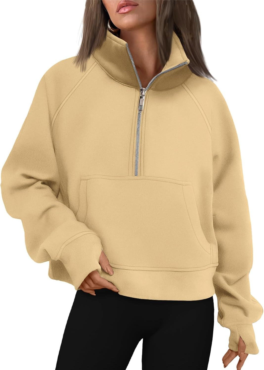 Womens Sweatshirts Half Zip Cropped Pullover Fleece Quarter Zipper Hoodies Fall Outfits Clothes Thumb Hole