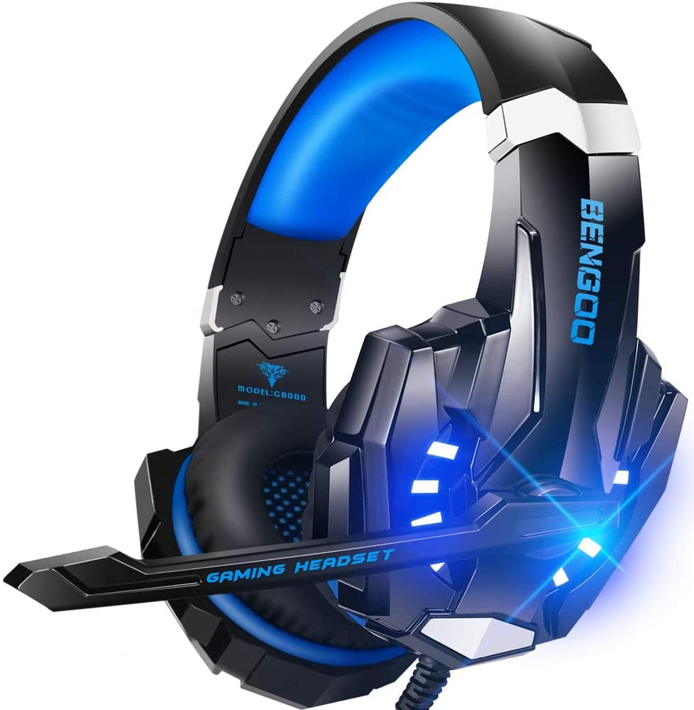 G9000 Stereo Gaming Headset for PS4 PC Xbox One PS5 Controller, Noise Cancelling over Ear Headphones with Mic, LED Light, Bass Surround, Soft Memory Earmuffs (Blue)