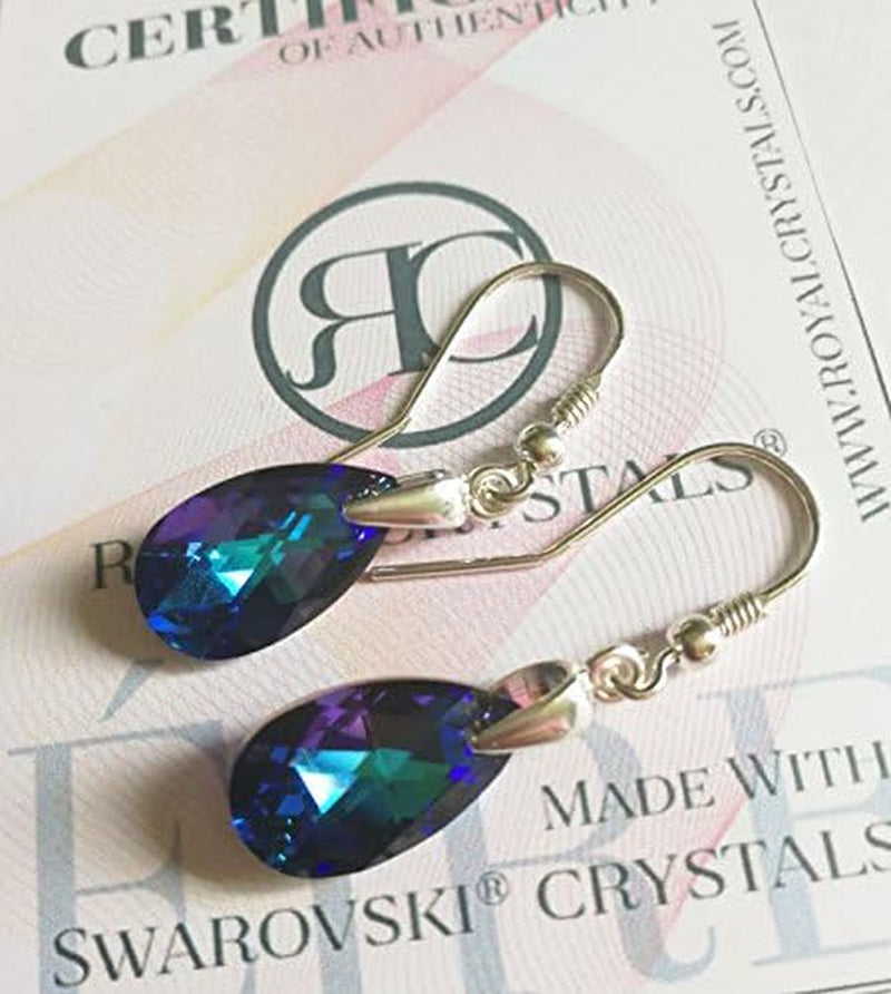 "Made with Imitation of Crystals" Sterling Silver 925 Purple Blue Drop Dangle Pierced Earrings