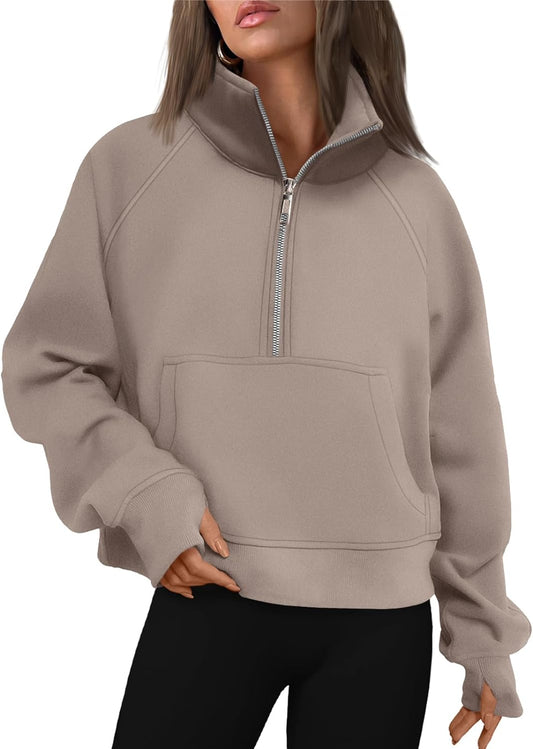 Womens Sweatshirts Half Zip Cropped Pullover Fleece Quarter Zipper Hoodies Fall Outfits Clothes Thumb Hole