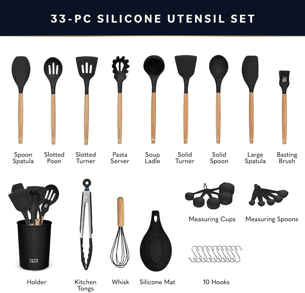 33 Pcs Kitchen Cooking Utensils Set, Non-Stick Silicone Cooking Kitchen Utensils Spatula Set with Holder, Wooden Handle Silicone Kitchen Gadgets Utensil Set (33 Pcs - Black)