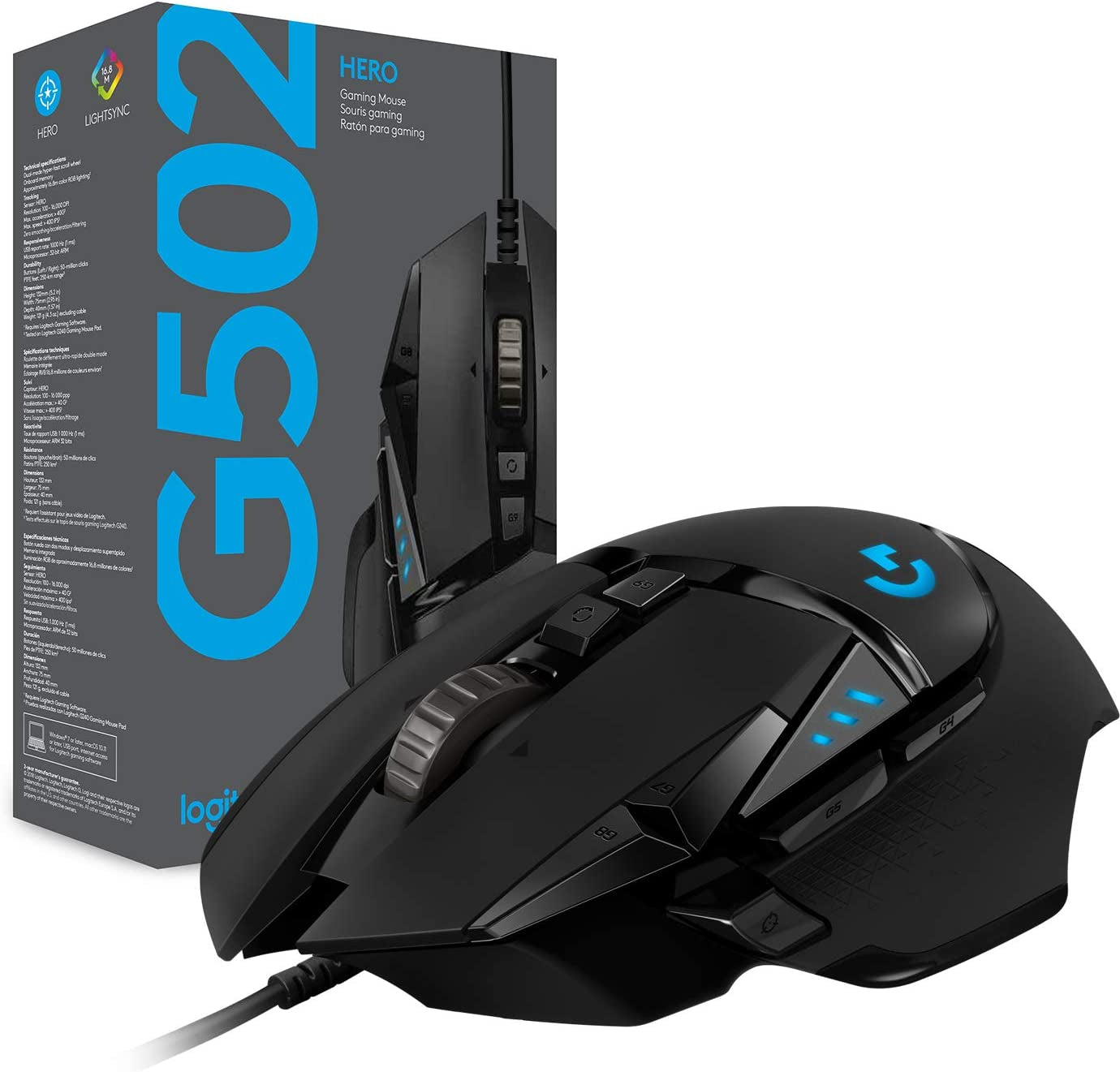 502 HERO High Performance Wired Gaming Mouse, HERO 25K Sensor, 25,600 DPI, RGB, Adjustable Weights, 11 Programmable Buttons, On-Board Memory, PC / Mac