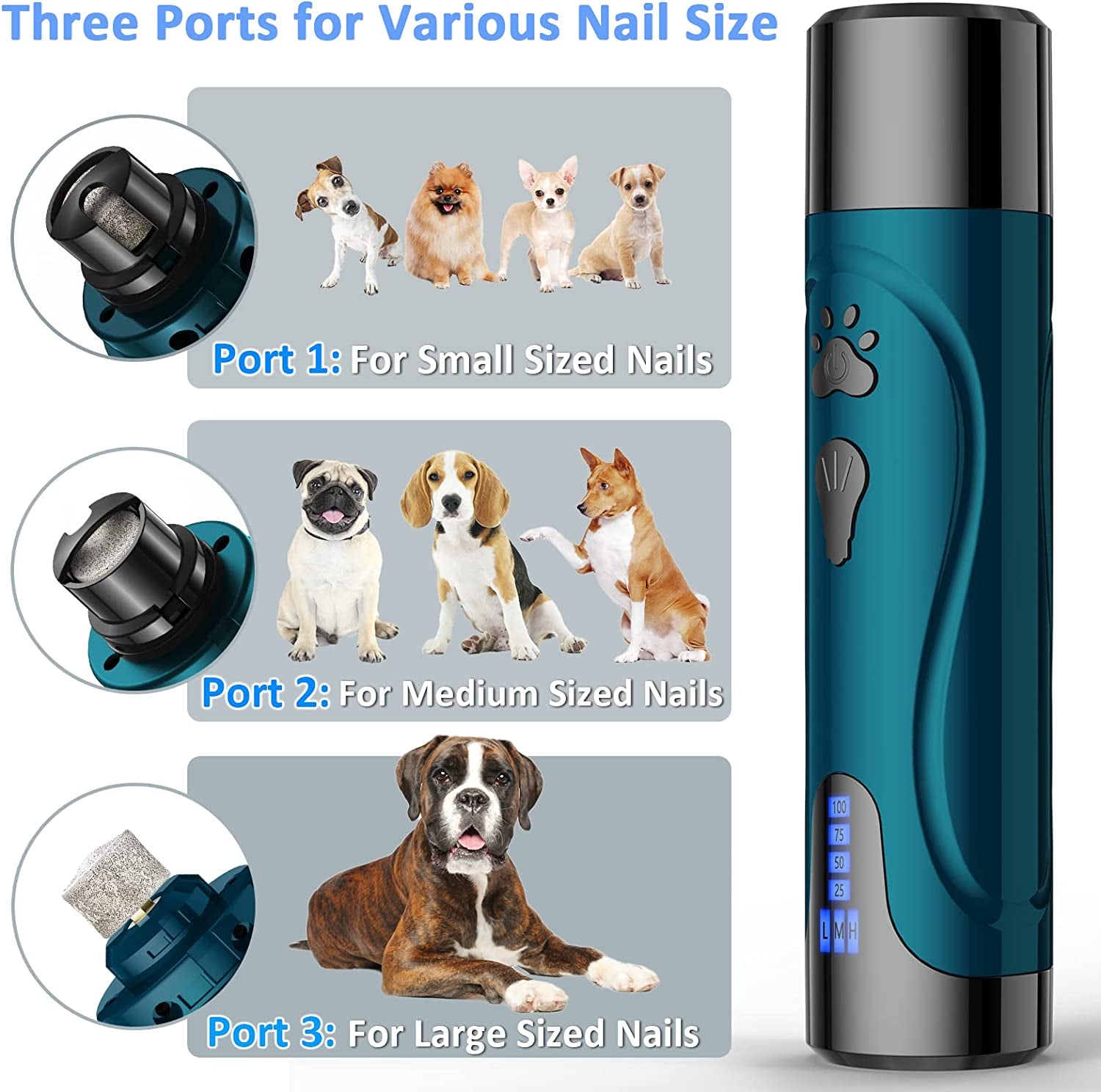 Dog Nail Grinder, Dog Nail Trimmers and Clippers Kit, Super Quiet Electric Pet Nail Grinder, Rechargeable, for Small Large Dogs & Cats Toenail & Claw Grooming,3 Speeds, 2 Grinding Wheels (A-Dark Blue)