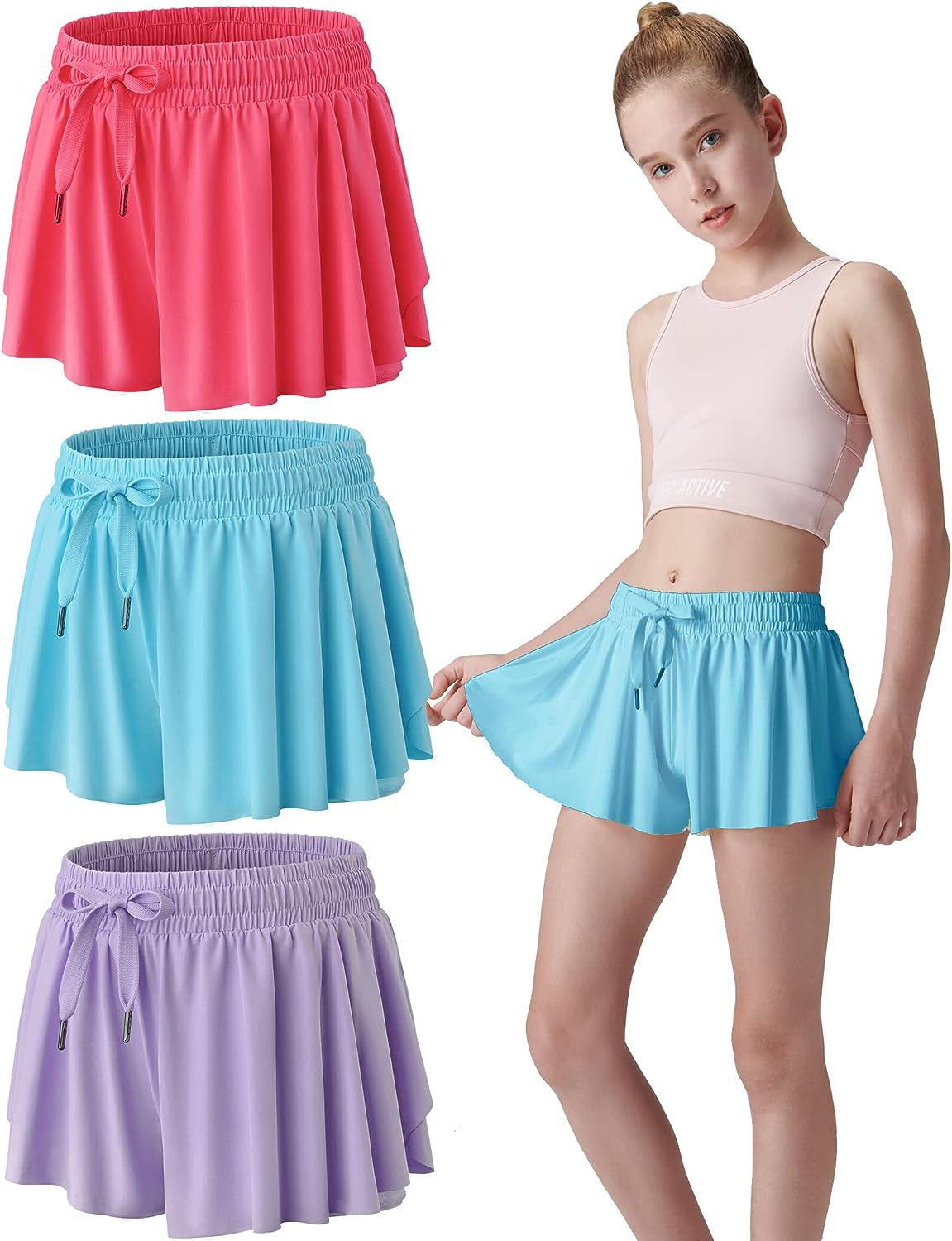 3 Pack Girls Flowy Shorts with Spandex Liner 2-In-1 Youth Butterfly Skirts for Fitness, Running, Sports