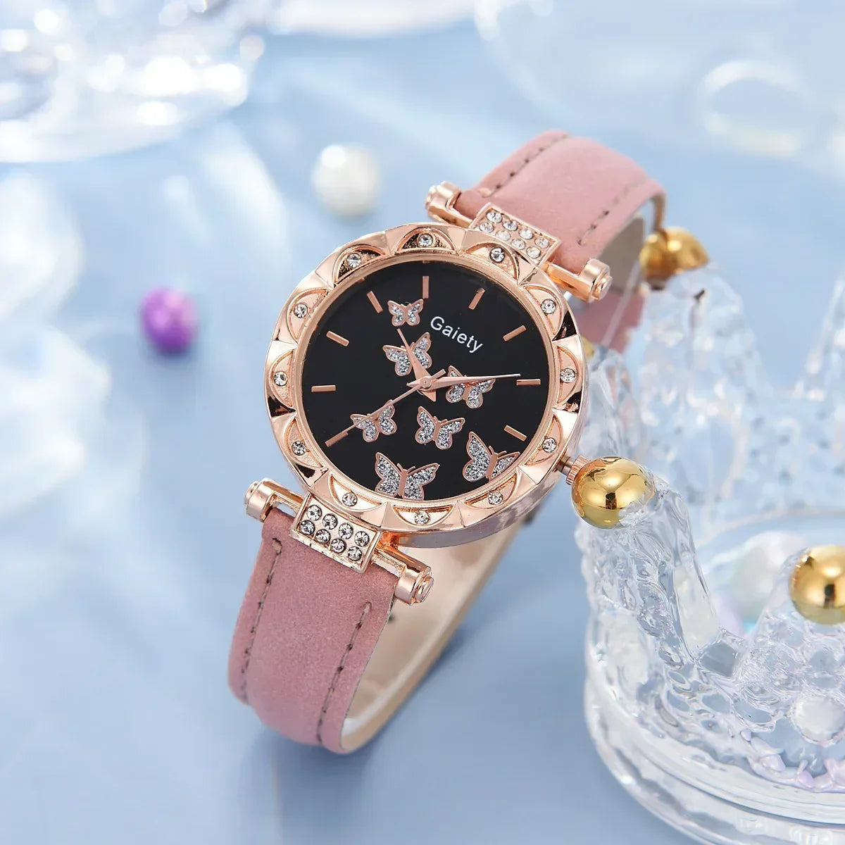 6/1Pcs Set Women Watch Ring Necklace Earrings Bracelet Set Watches Butterfly Leather Strap Ladies Quartz Wristwatch (No Box)