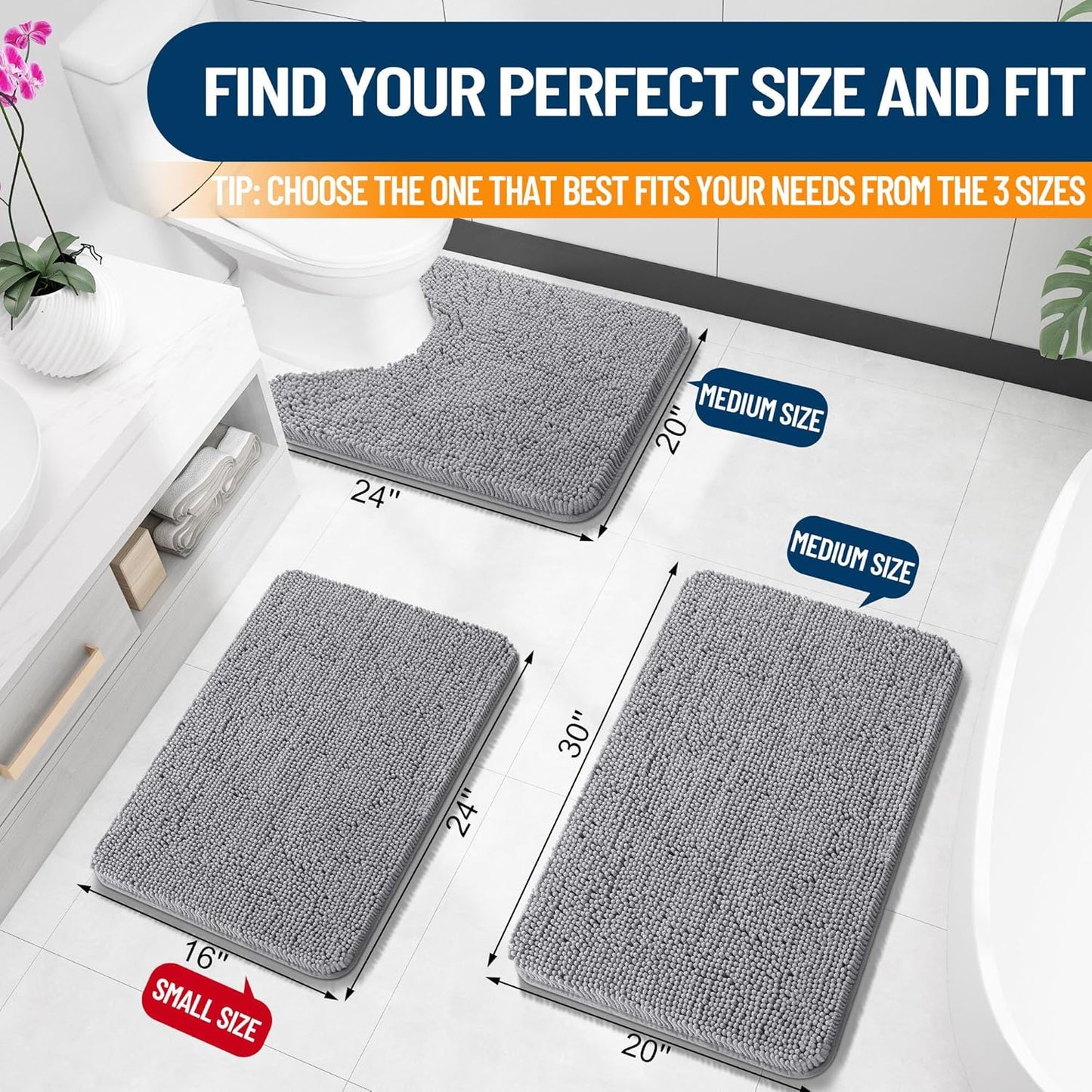 Bathroom Rugs 30X20, Extra Soft Absorbent Chenille Bath Rugs, Non-Slip, Dry Quickly, Machine Washable, Bath Mats for Bathroom Floor, Tub and Shower, Grey