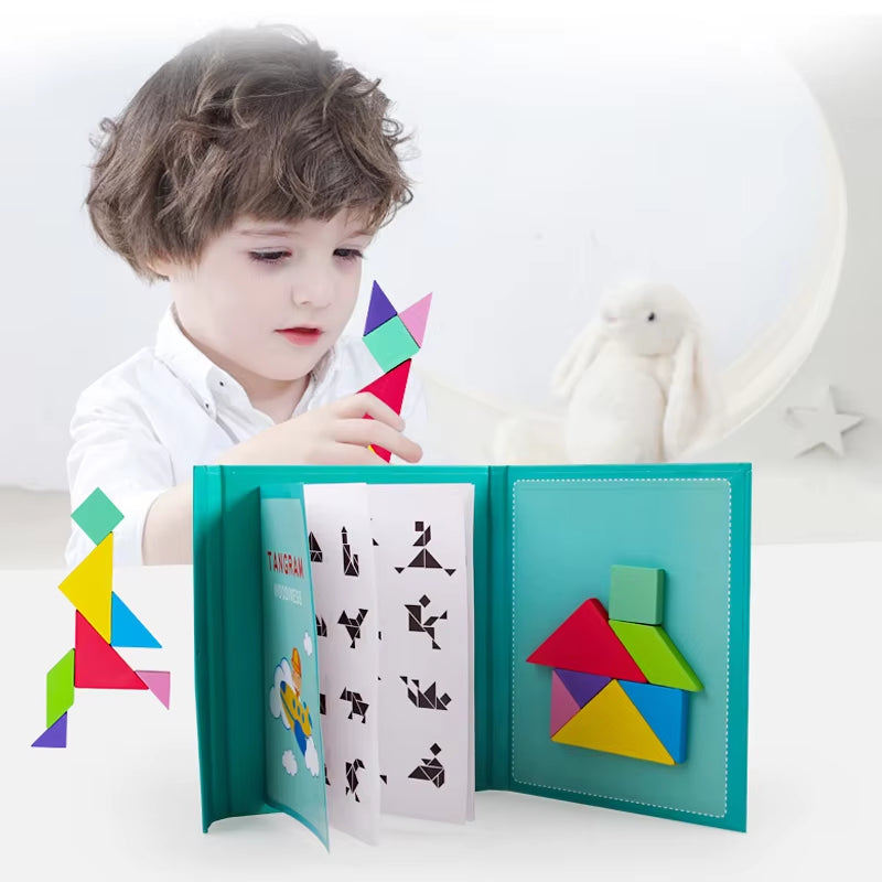 Hot Magnetic Jigsaw Puzzle 3D Geometric Shapes Tangram Board Kids Montessori Games for Children Educational Wooden Toys