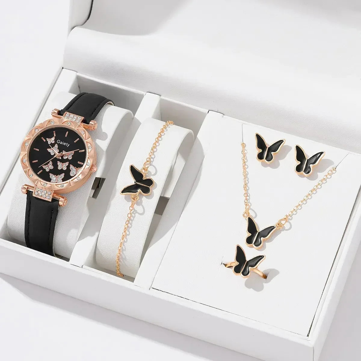 6/1Pcs Set Women Watch Ring Necklace Earrings Bracelet Set Watches Butterfly Leather Strap Ladies Quartz Wristwatch (No Box)