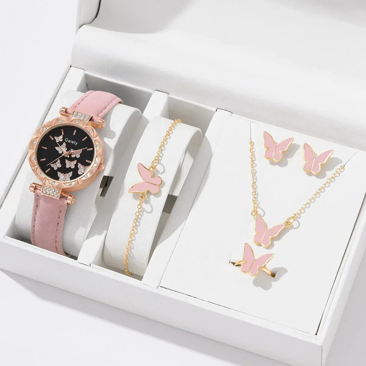 6/1Pcs Set Women Watch Ring Necklace Earrings Bracelet Set Watches Butterfly Leather Strap Ladies Quartz Wristwatch (No Box)