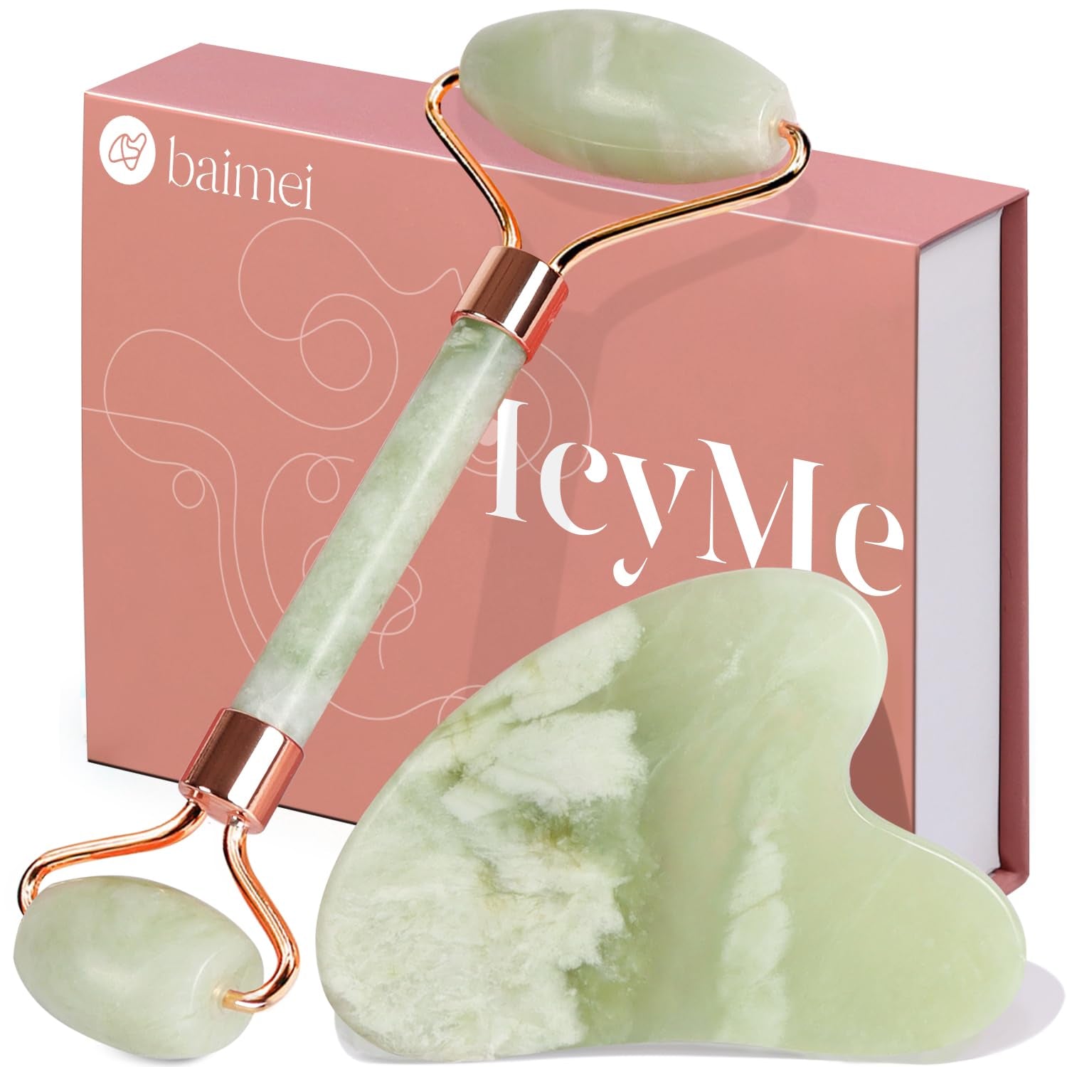 Icyme Gua Sha & Jade Roller Facial Tools Face Roller and Gua Sha Set for Puffiness and Redness Reducing Skin Care Routine, Self Care Gift for Men Women - Green