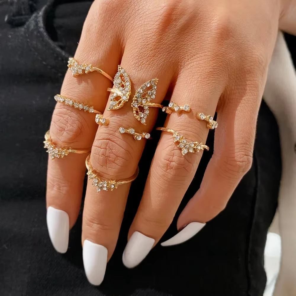 Crystal Rings Set Vintage Women Butterfly Pearl Geometric Hollow Ring Girls Anillos Jewelry Bague Adjustable Funk Jewellery