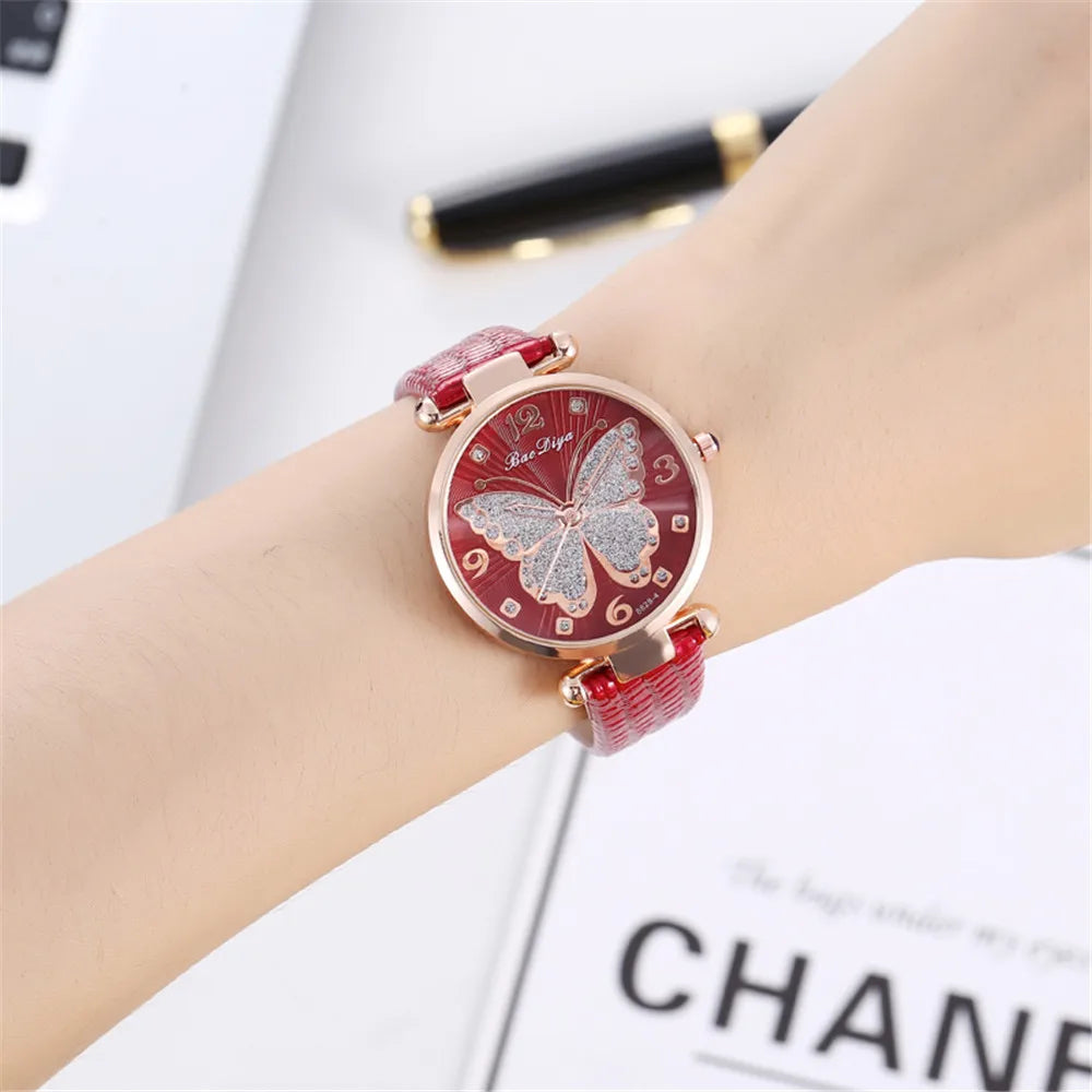 Butterfly Diamond Dial Design Women Quartz Watches Fashion Casual Ladies Wristwatches Simple Woman Leather Clock Montre Femme