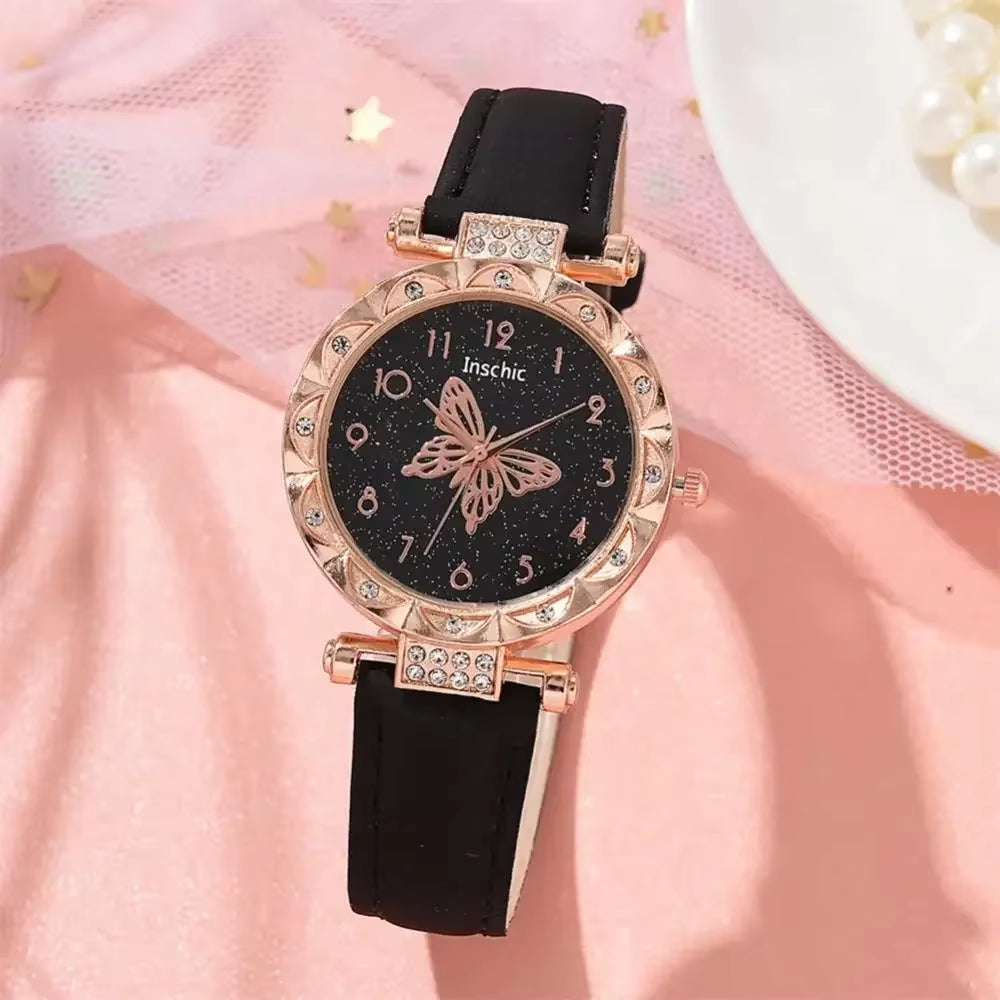 Women Fashion Watch Set No Box Quartz Wristwatch Luxury Crystal Rhinestone Pearl Quartz Watches Butterfly Watches Bracelet Set