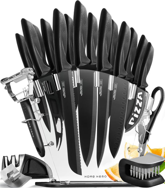 Kitchen Knife Set with Sharpener - High Carbon Stainless Steel Knife Block Set with Ergonomic Handles (20 Pcs - Black)