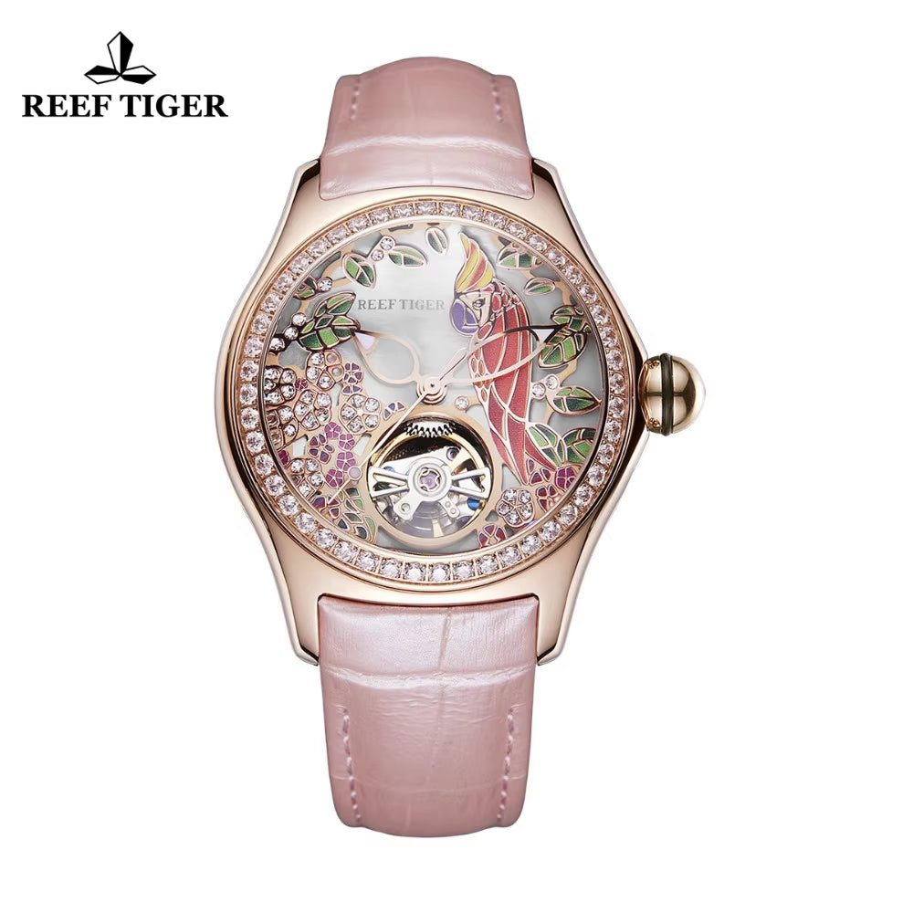 Reef Tiger/Rt Womens Luxury Fashion Watches Waterproof Watches Diamonds Pink Dial Automatic Tourbillon Watches RGA7105