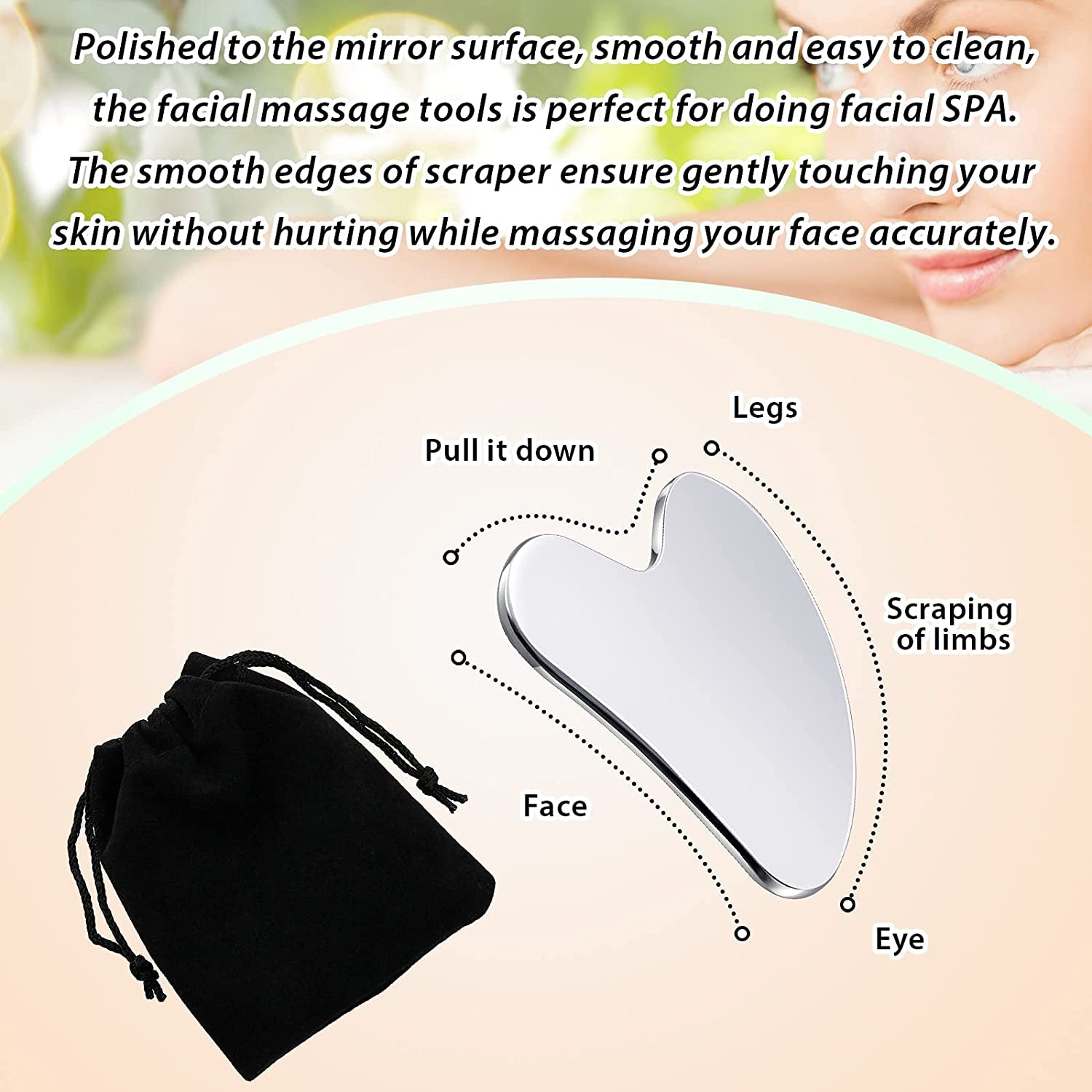 Stainless Steel Gua Sha Facial Tools Guasha for Face Metal Gua Sha Tighten Skin Massage Guasha Beauty Tool for Body Eyes Neck Massager with Travel Pouch Skin Care Gifts (Silver)