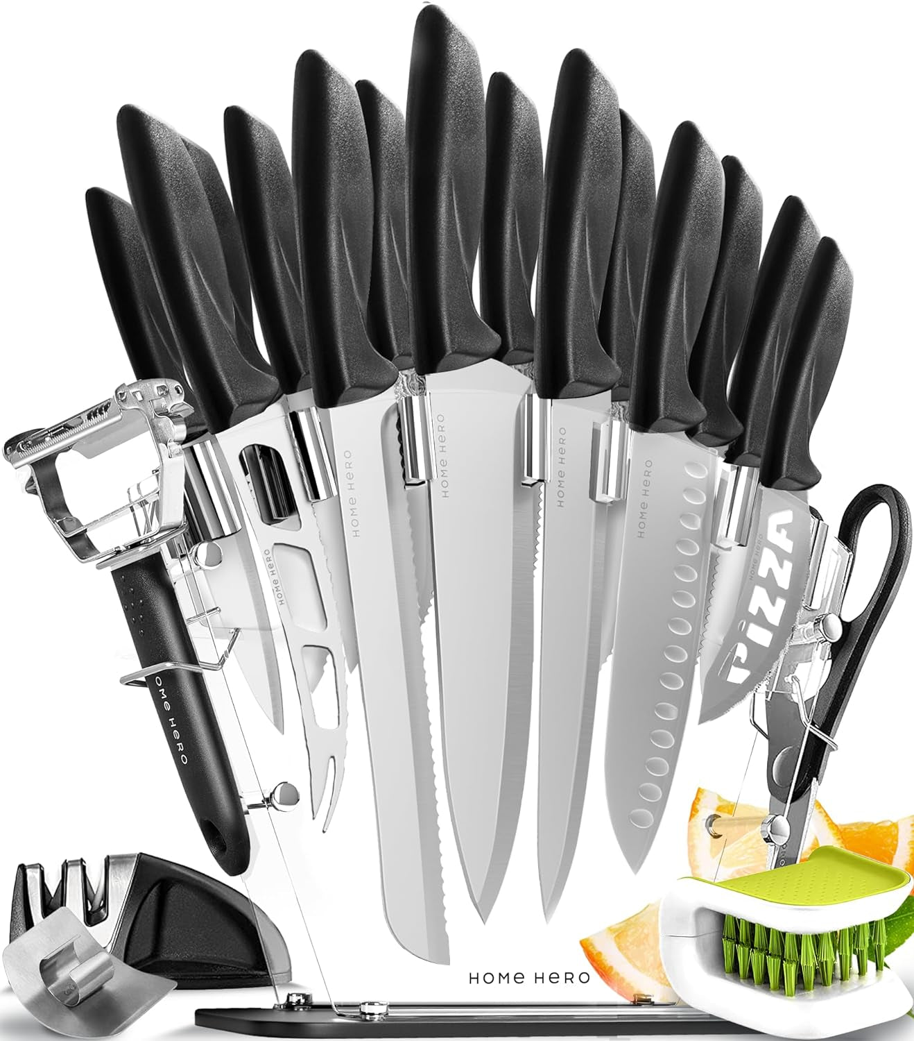 Kitchen Knife Set with Sharpener - High Carbon Stainless Steel Knife Block Set with Ergonomic Handles (20 Pcs - Black)