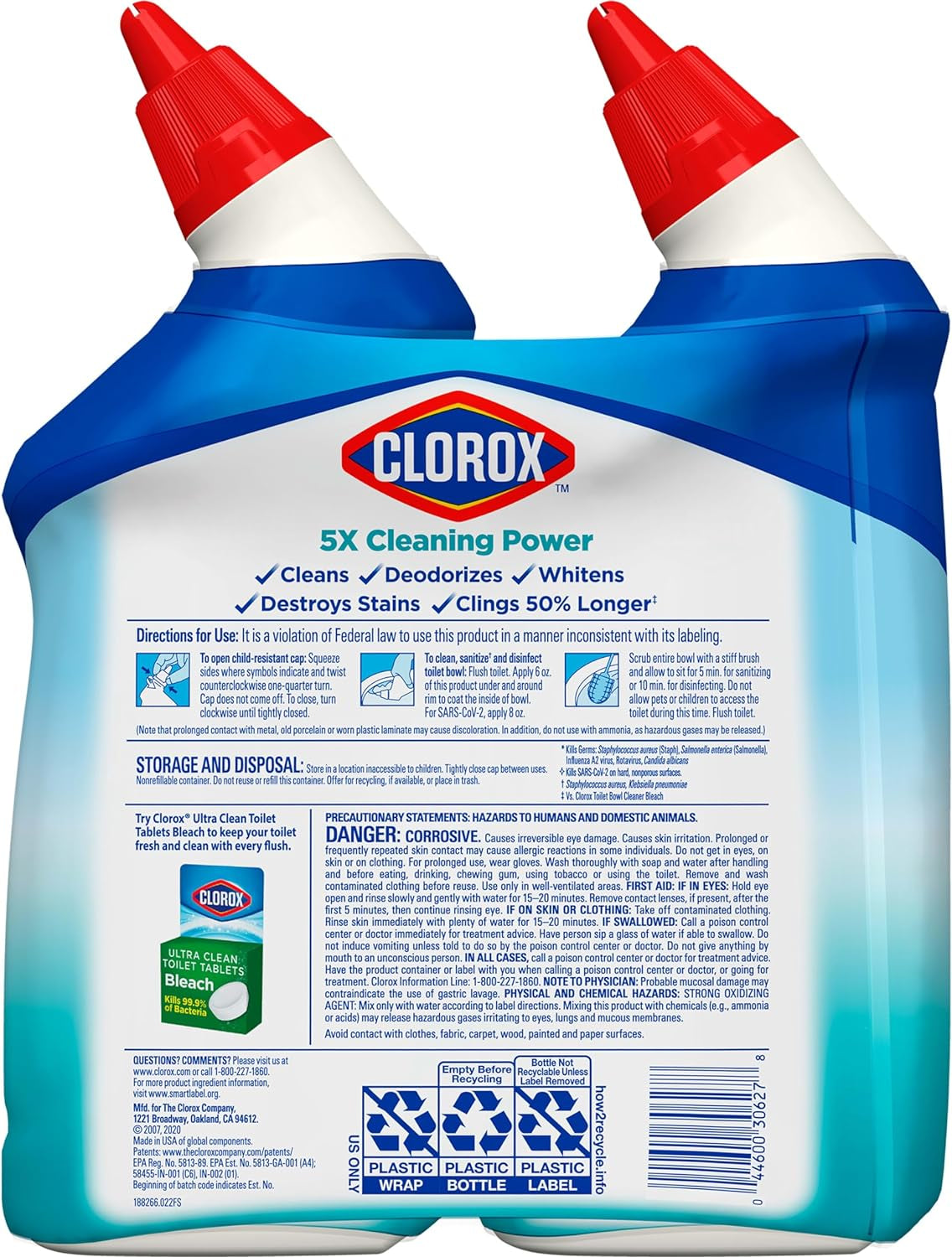 Toilet Bowl Cleaner, Clinging Bleach Gel, Ocean Mist - 24 Ounces, Pack of 2