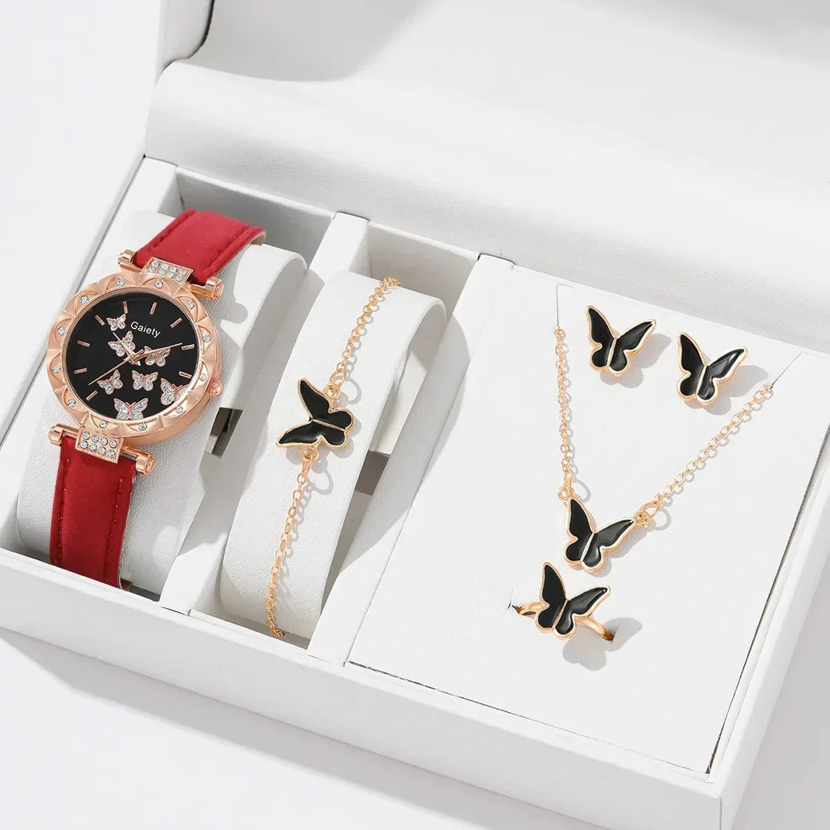 6/1Pcs Set Women Watch Ring Necklace Earrings Bracelet Set Watches Butterfly Leather Strap Ladies Quartz Wristwatch (No Box)